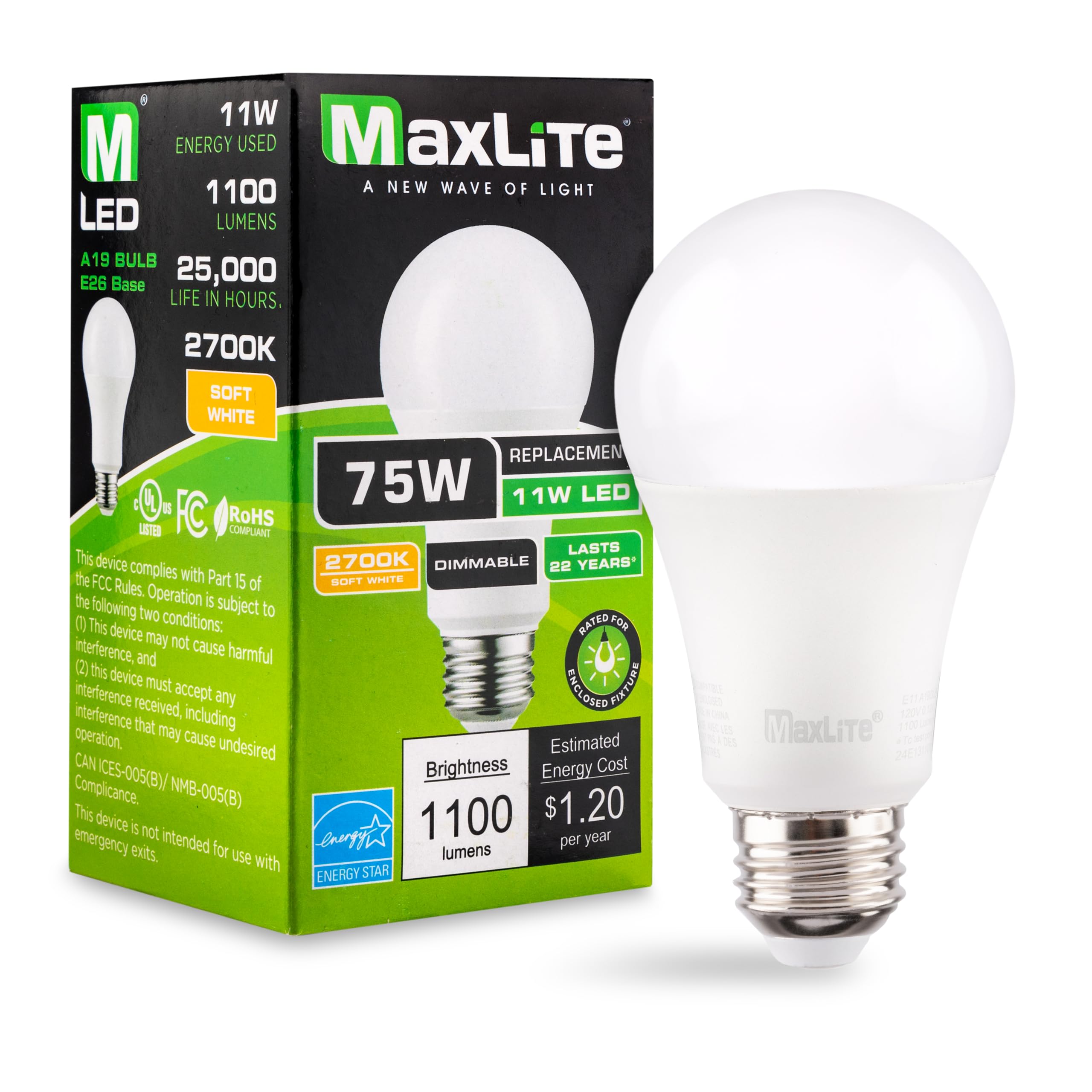Maxlite E11A19Dled27/G8 11W Led A19 Bulb, White Finish, Led Light Bulb Dimmable, Single Pack - For All Light Fixture, 2700K, War