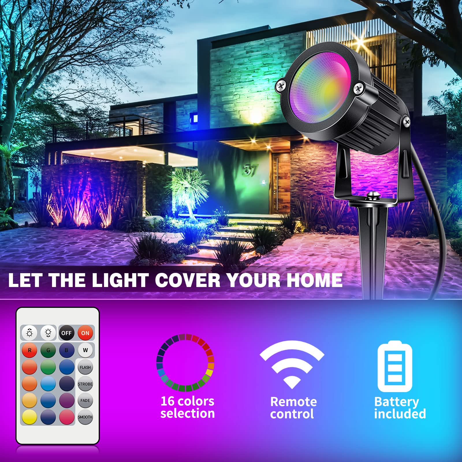 Aledeco Rgb+W 5W Low Voltage Landscape Lights, 16 Color Led Spotlights, Waterproof (8 Pack)