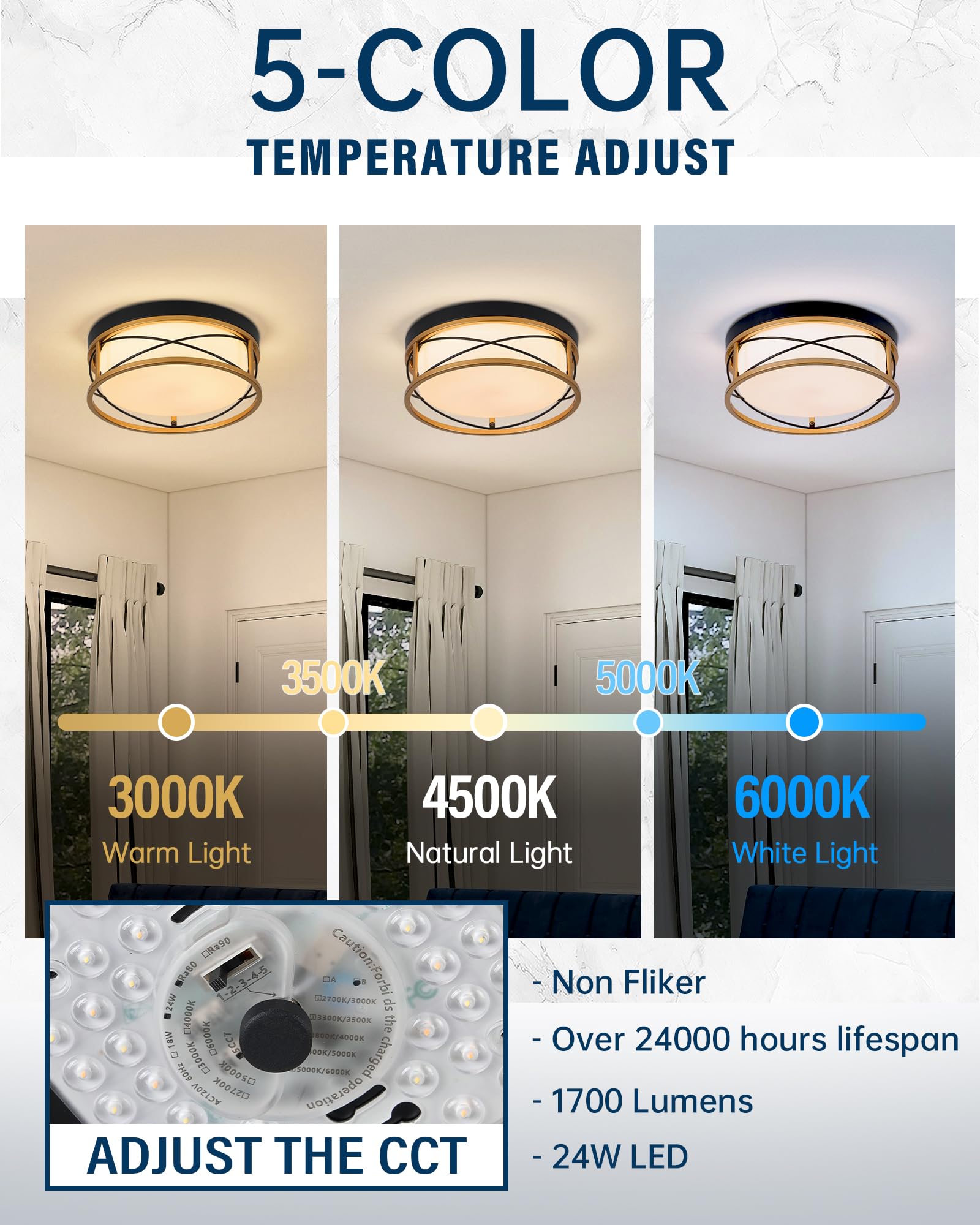 Hanass 12&quot; Flush Mount Ceiling Light, 24W Led, 1900 Lumen, Gold Frosted Glass, 5