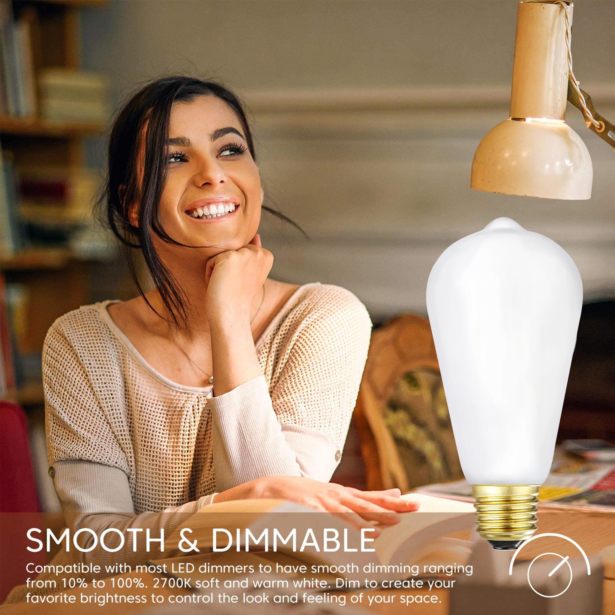 Leools LED Light Bulb E26, 6W Dimmable, Warm White 2700K, CRI 95, 600LM, Vintage Edison Filament, Pack of 6