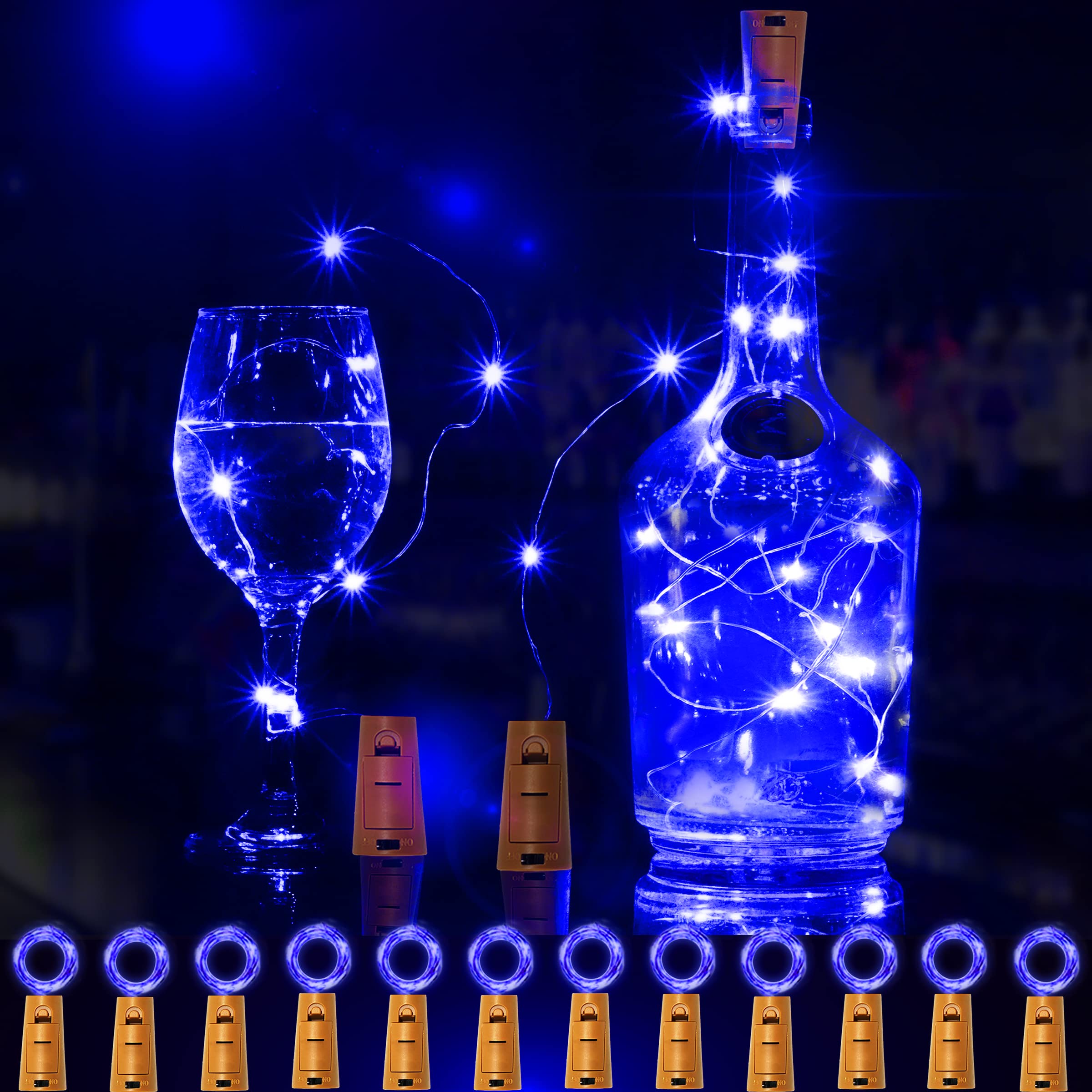 SmilingTown 12 Packs 20 LED Beverage Bottle Lights with Cork - Silver Wire Fairy String Lights Battery Operated Cork Lights for Beverage Beverage Bottle Bedroom Christmas Birthday Party Decor(Blue)