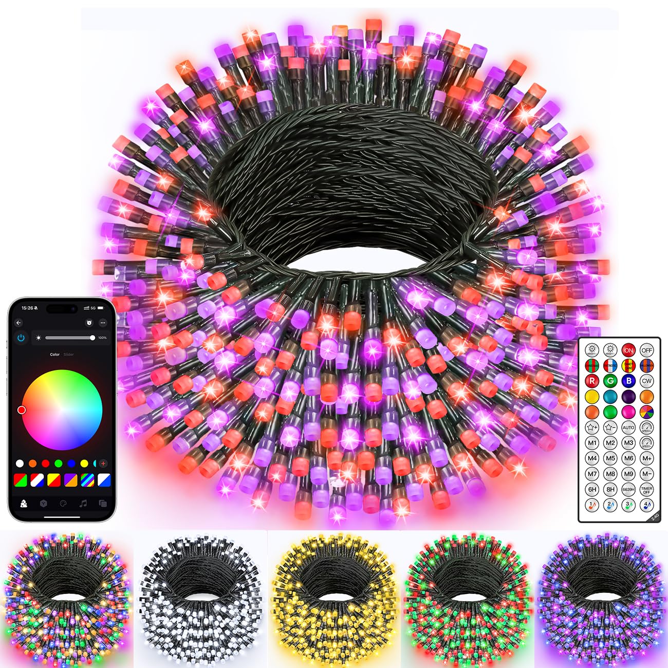 Ollny Smart Christmas Lights, 197FT 600 LED, RGB Color Changing, Waterproof, APP Control, Model NYA0600R, Dark Wire