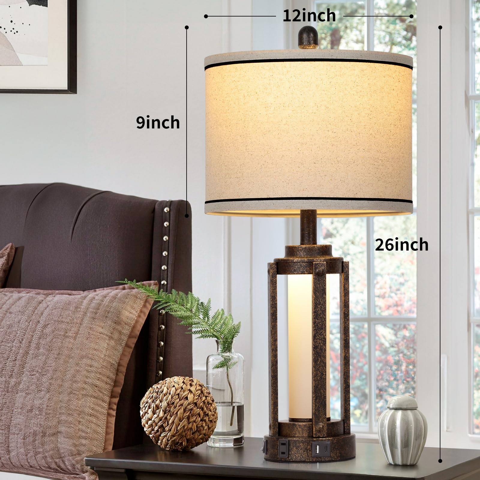 26" Farmhouse Table Lamps Set Of 2, Vintage Rustic Industrial Beside Lamps With Usb A+C Charging Ports & Ac Outlet, Nightstand Lamp With Glass Night Light & Linen Fabric Shade For Living Room Bedrooms