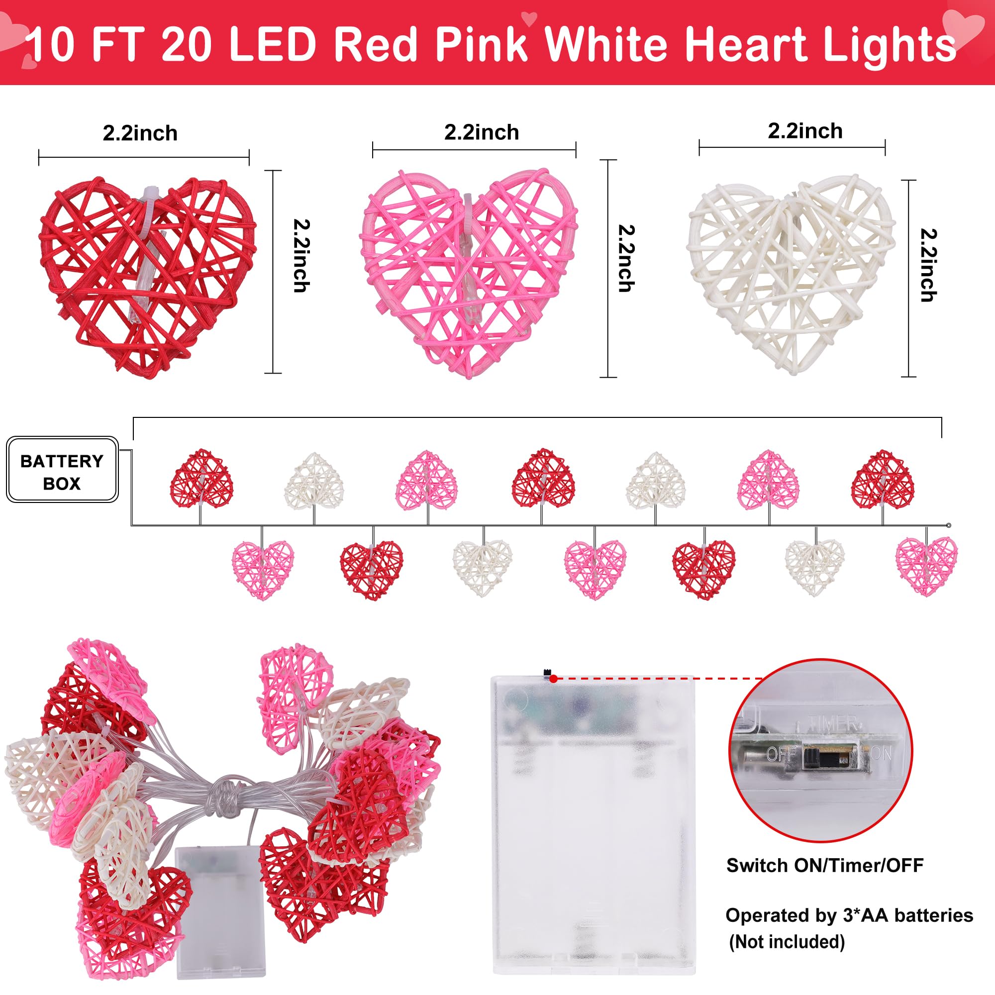 [Timer] Valentines Day Decorations Red Pink White Heart Lights 10FT 20LED 3D Hollowed Rattan Big Heart String Light Battery Oper