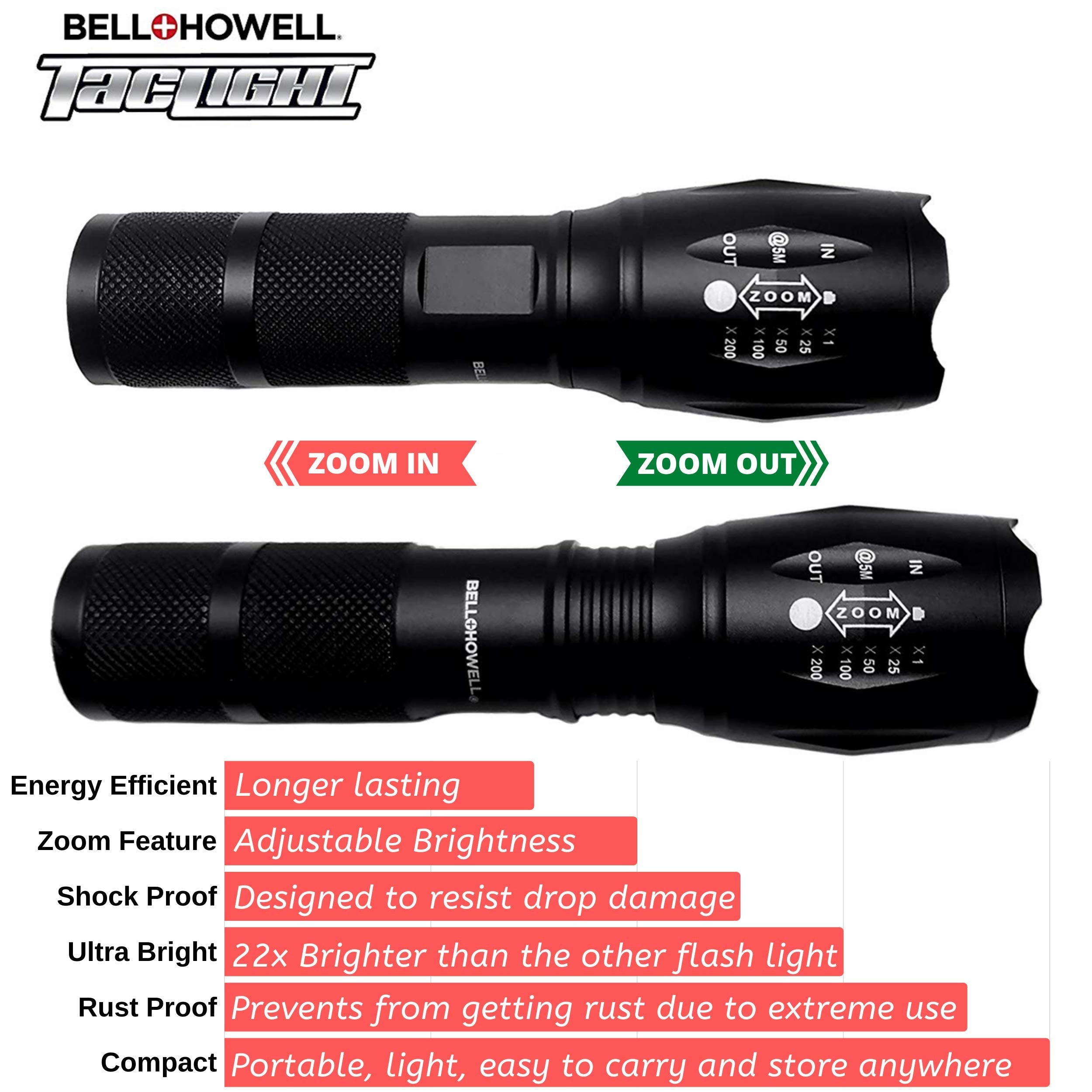 Bell+Howell TacLight Mini Flashlight - 100,000 Hour LED, 5 Modes, Zoom, Black, Model 1358, Water Resistant, 5.4” x 1