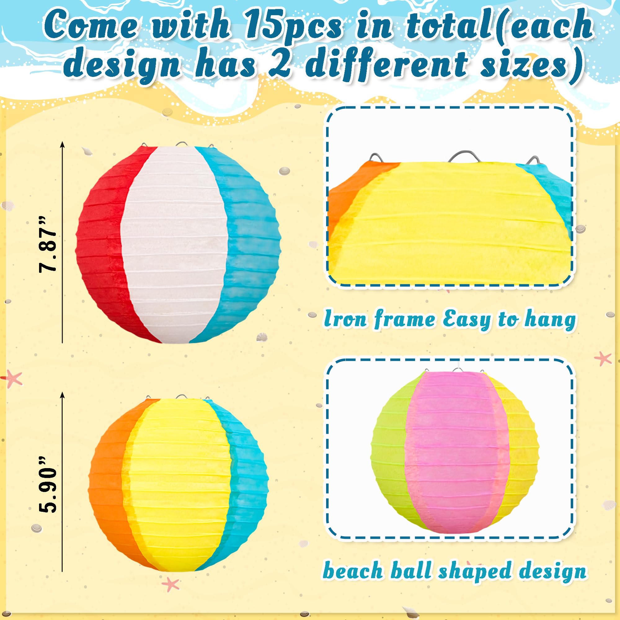 15Pcs Pool Party Decorations Beach Ball Paper Lanterns - Summer Luau Themed Hanging Decor For Home Birthday Outdoor Indoor