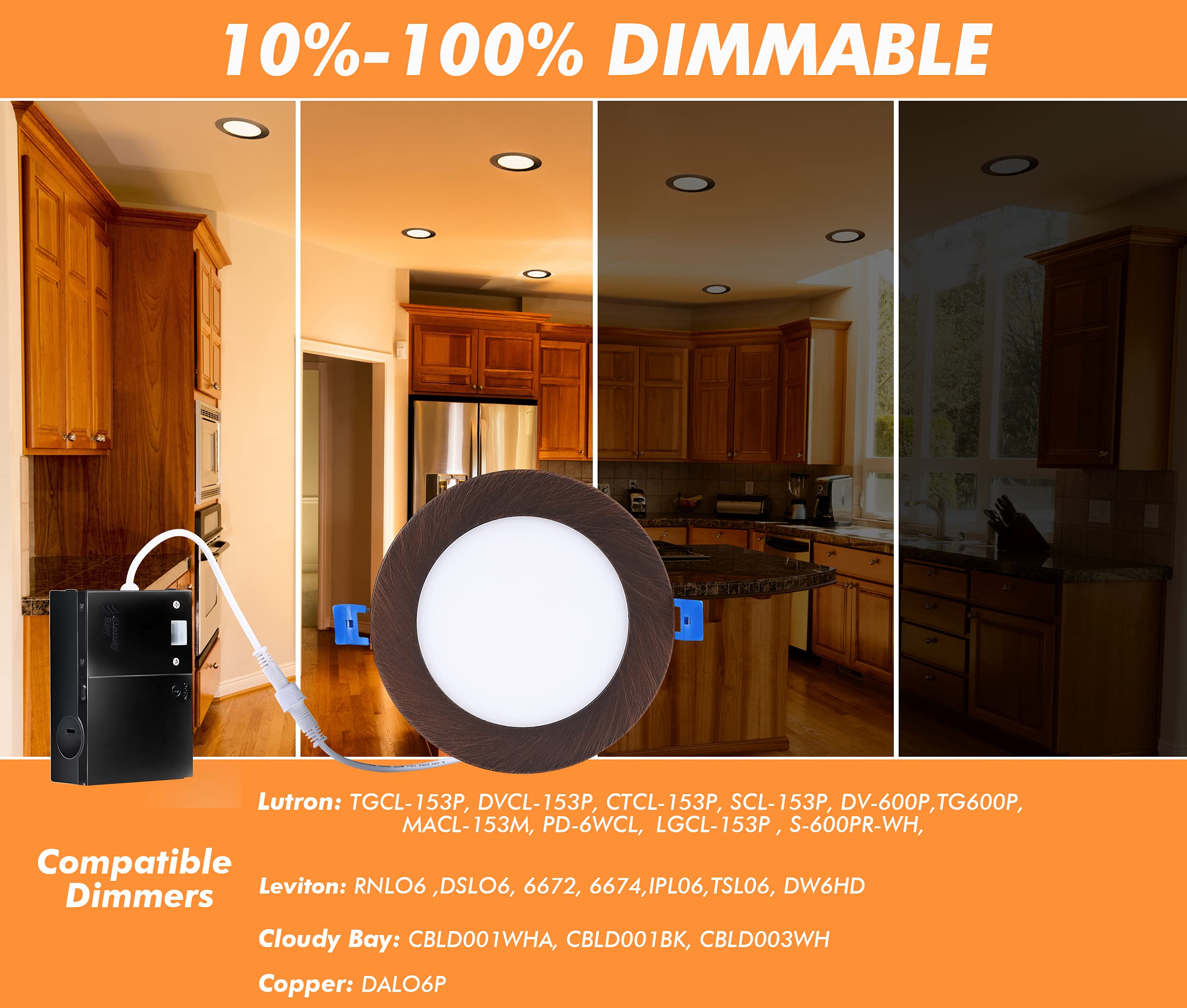 Cloudy Bay Ultra Thin Led Recessed Ceiling Light,4 Inch 3000K/ 4000K/ 5000K,Dimmable 10W Cri90+,Canless Light With Junction Box,Ic Rated, Canless Wafer Downlight,Oil Rubbed Bronze,Damp Rated,6 Pack