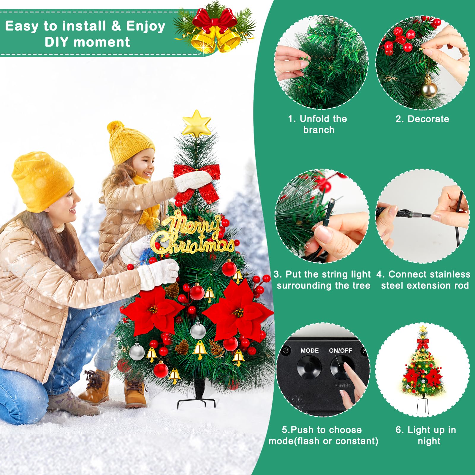 Mukum 2 Pack 30 Inch Solar Xmas Tree Light Outdoor Tree With 30 Led Lights, Pinecones, Star And Bells, Waterproof Christmas Path