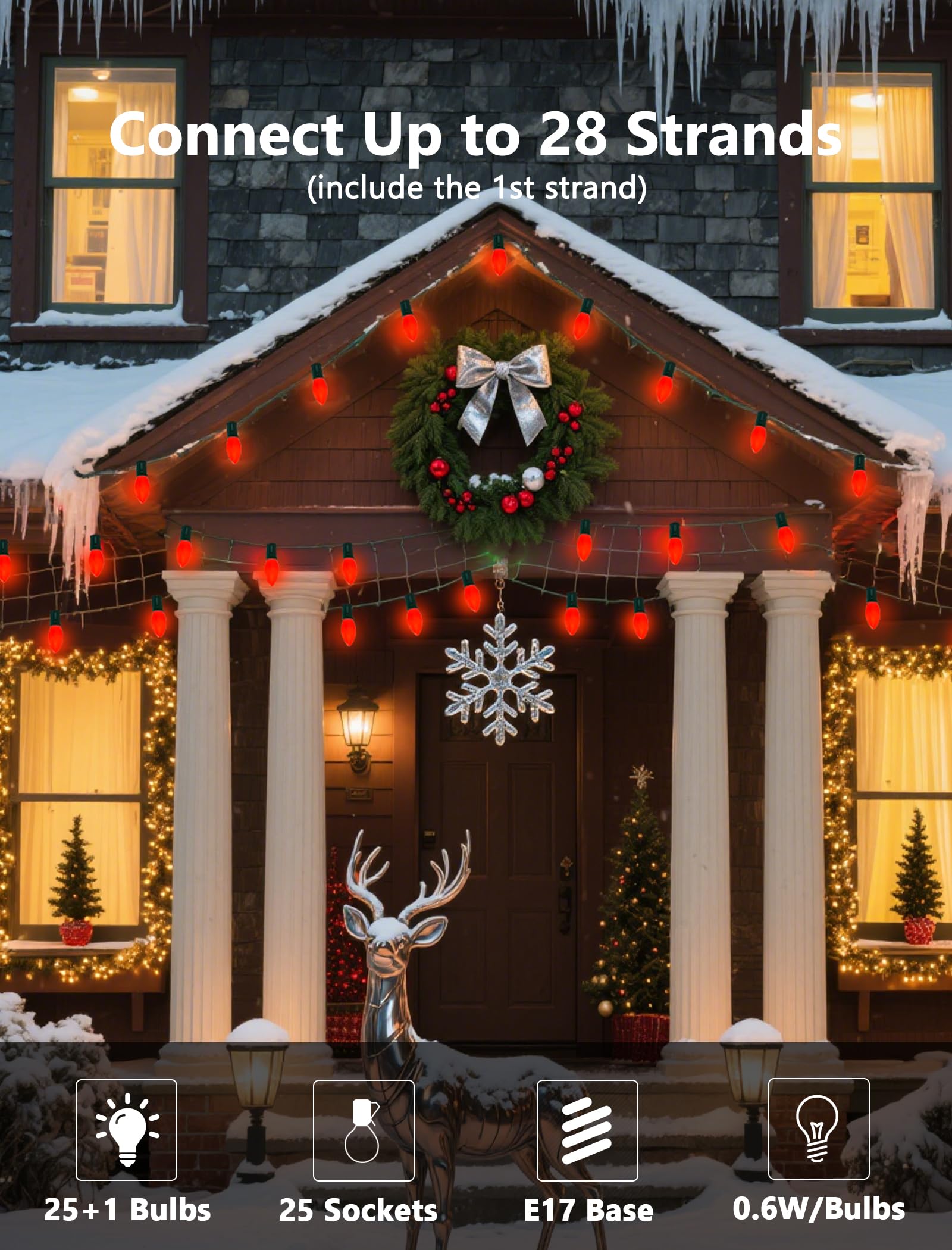 Led C9 Red Christmas Lights Outdoor  25Ft C9 Led Outdoor String Lights With 26 Shatterproof Red Bulbs  Waterproof Vintage Christmas Lights For Indoor Holiday Tree Roofline Patio Party Garden Decor