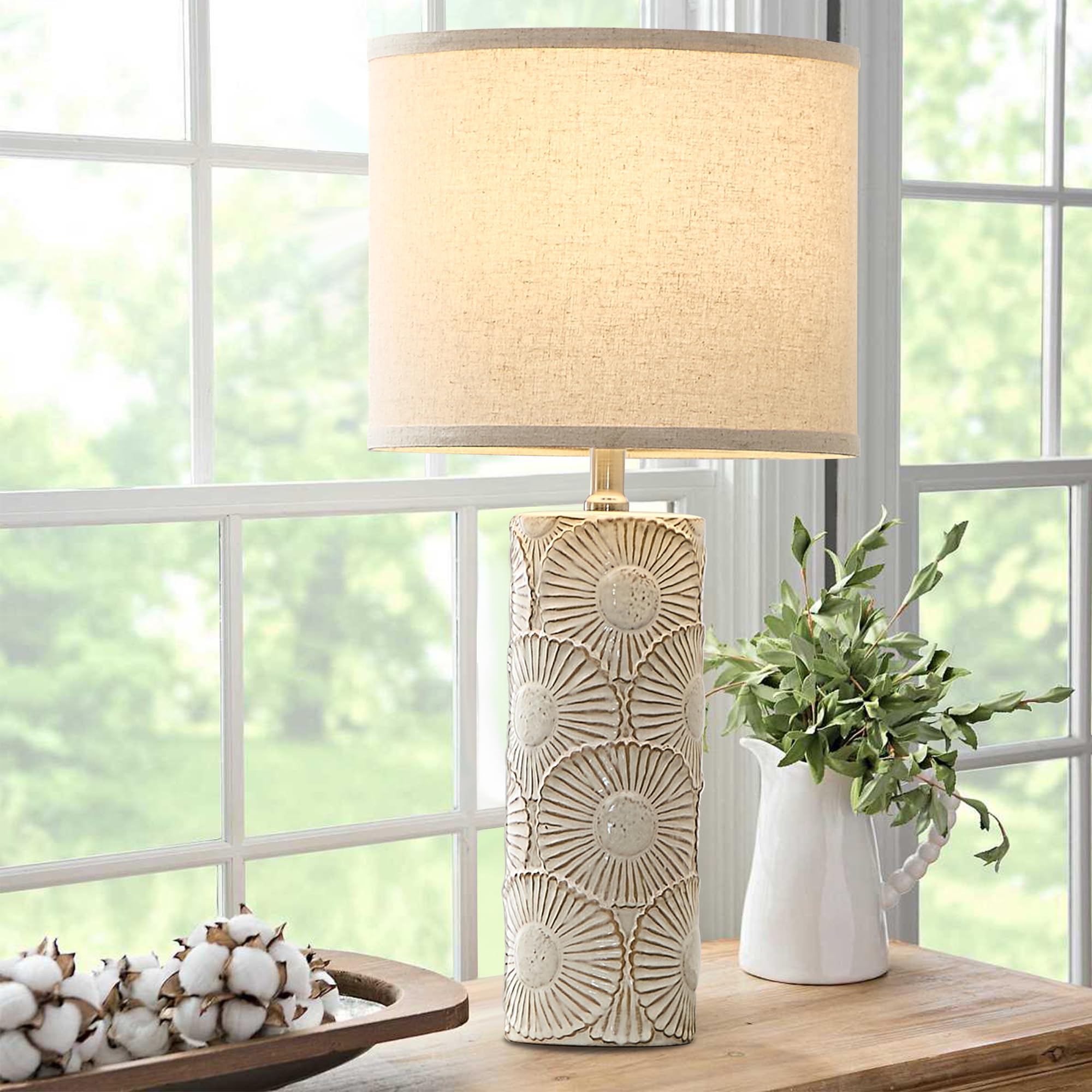 Dggdome 25.25'' White Flower Ceramic Table Lamps Set Of 2, Farmhouse Boho Modern Sunflower Pattern, Large Beige Table Lamps For