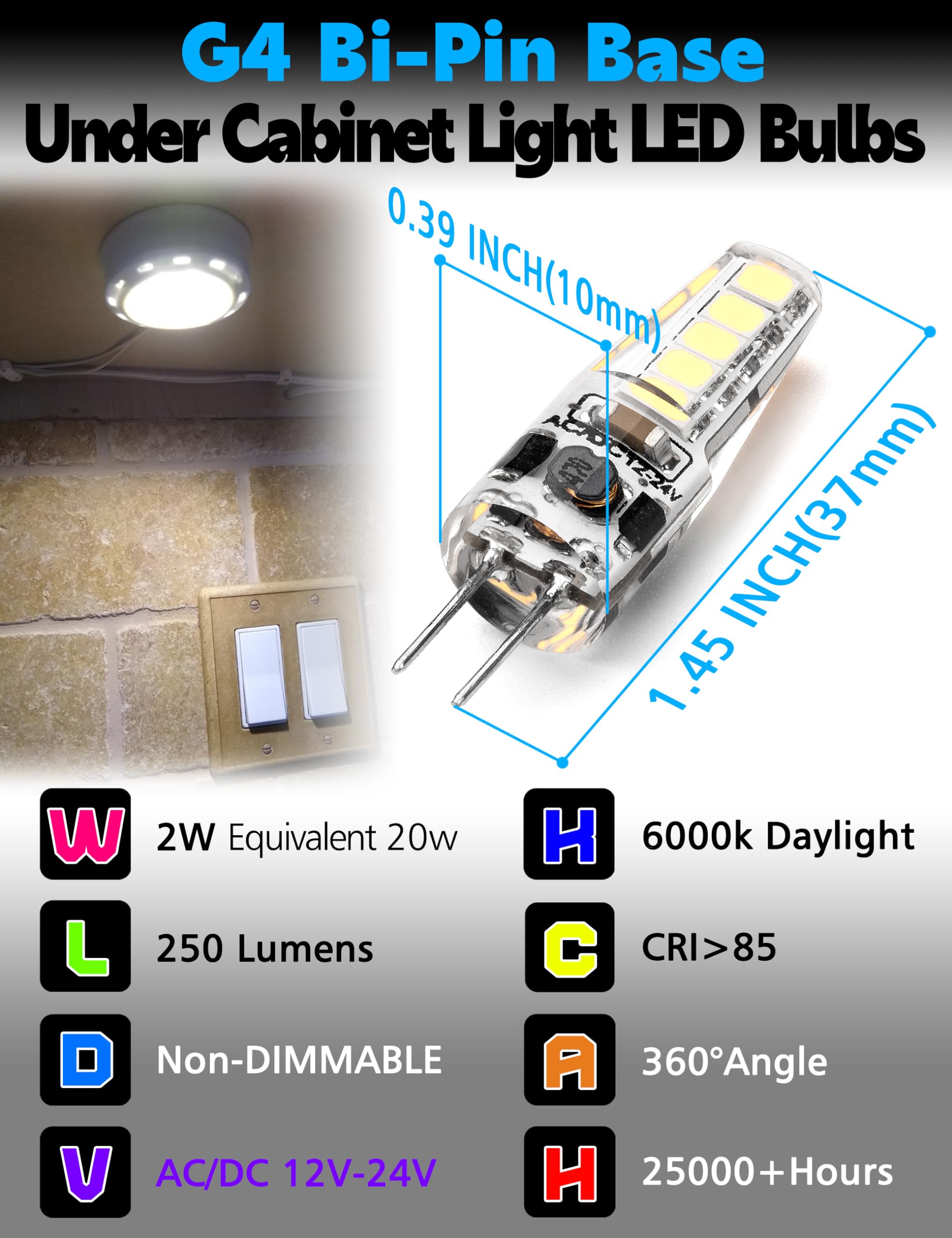 Xyanmc G4 LED Light Bulb 2W, 250LM Daylight White 6000K, AC DC 12V-24V, Not-Dimmable, 10pcs