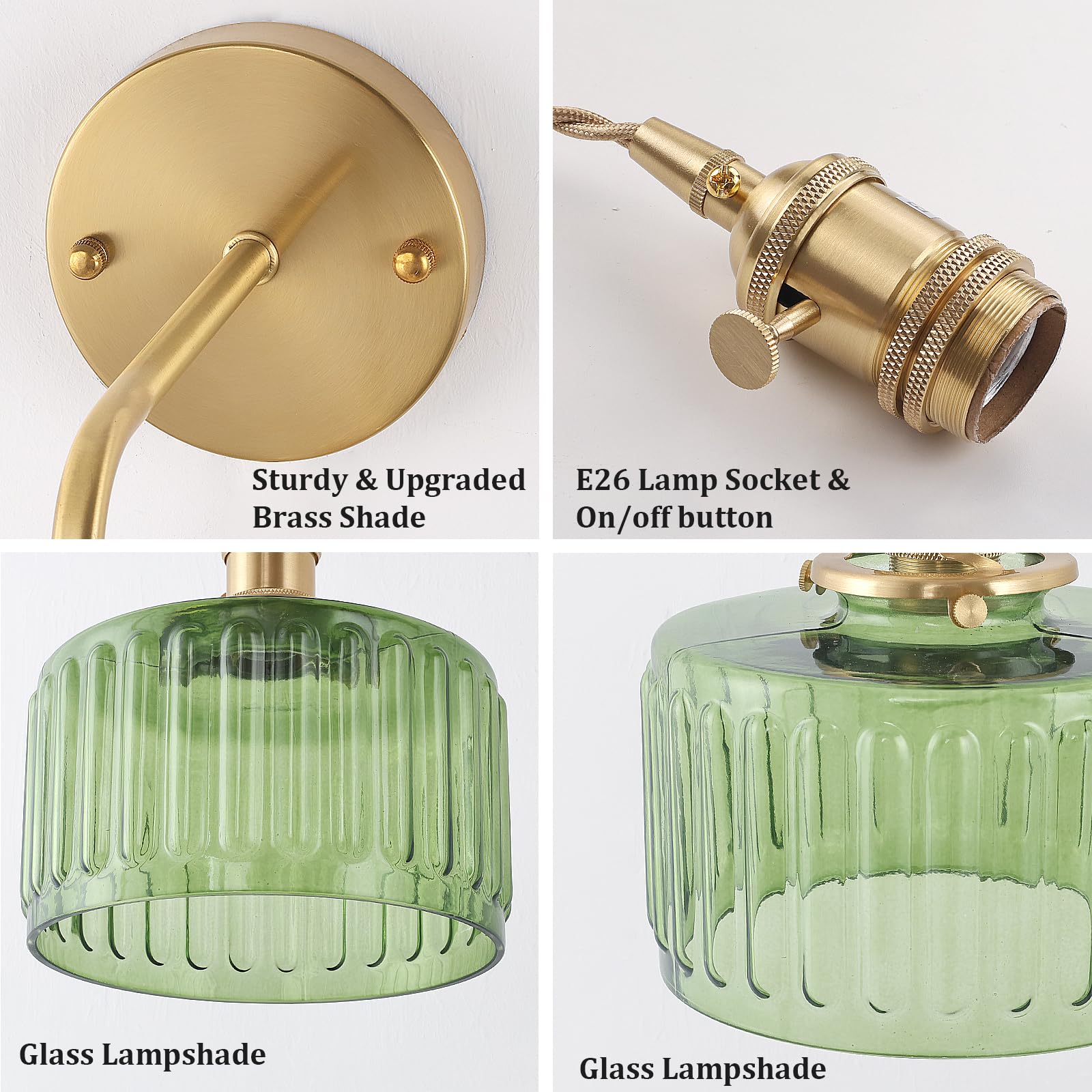 Shenmoyl Battery Operated Wall Sconce, Green Striped Pattern Glass, Adjustable Chain, Set of 2, Model 1-9381