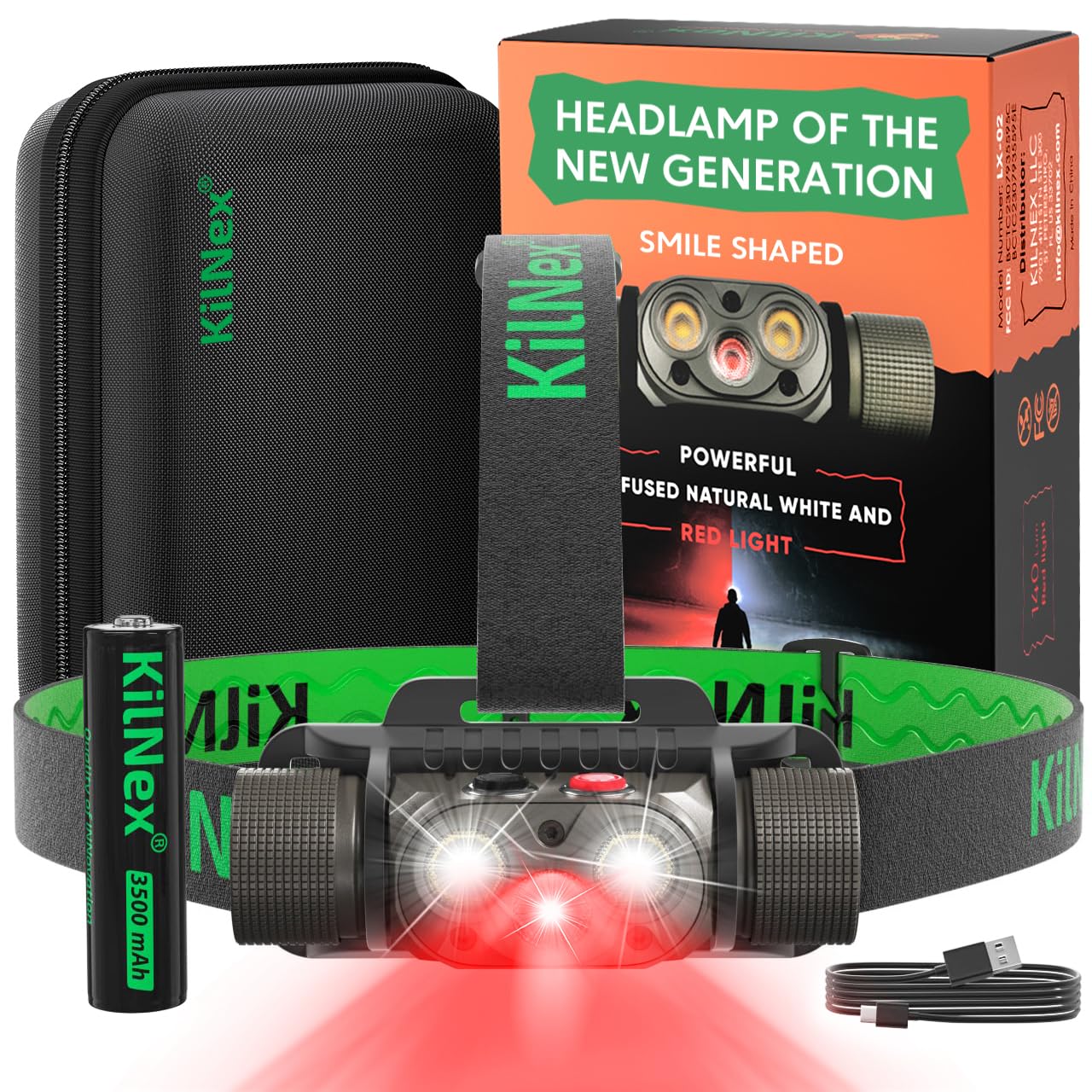 Kilnex Red Light Headlamp - 1100 Lumens White & Red Led | Rechargeable Headlamp, Case And Battery Included, Usb Type C Charging 
