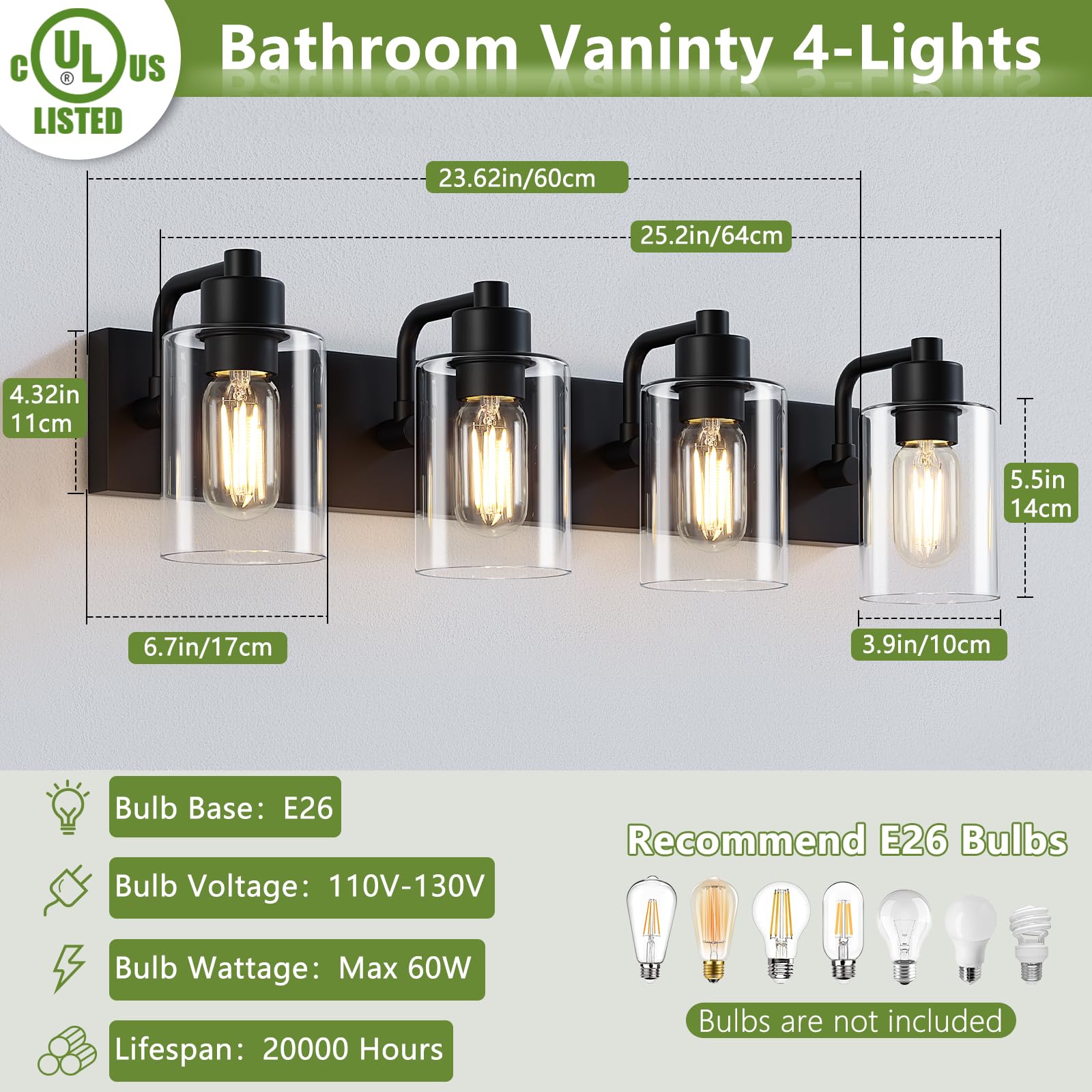 Dpyrrhic Bathroom Vanity Light, Modern Matte Black 4-Light Bathroom Lights Over Mirror With Clear Glass Shade,Wall Sconces For B