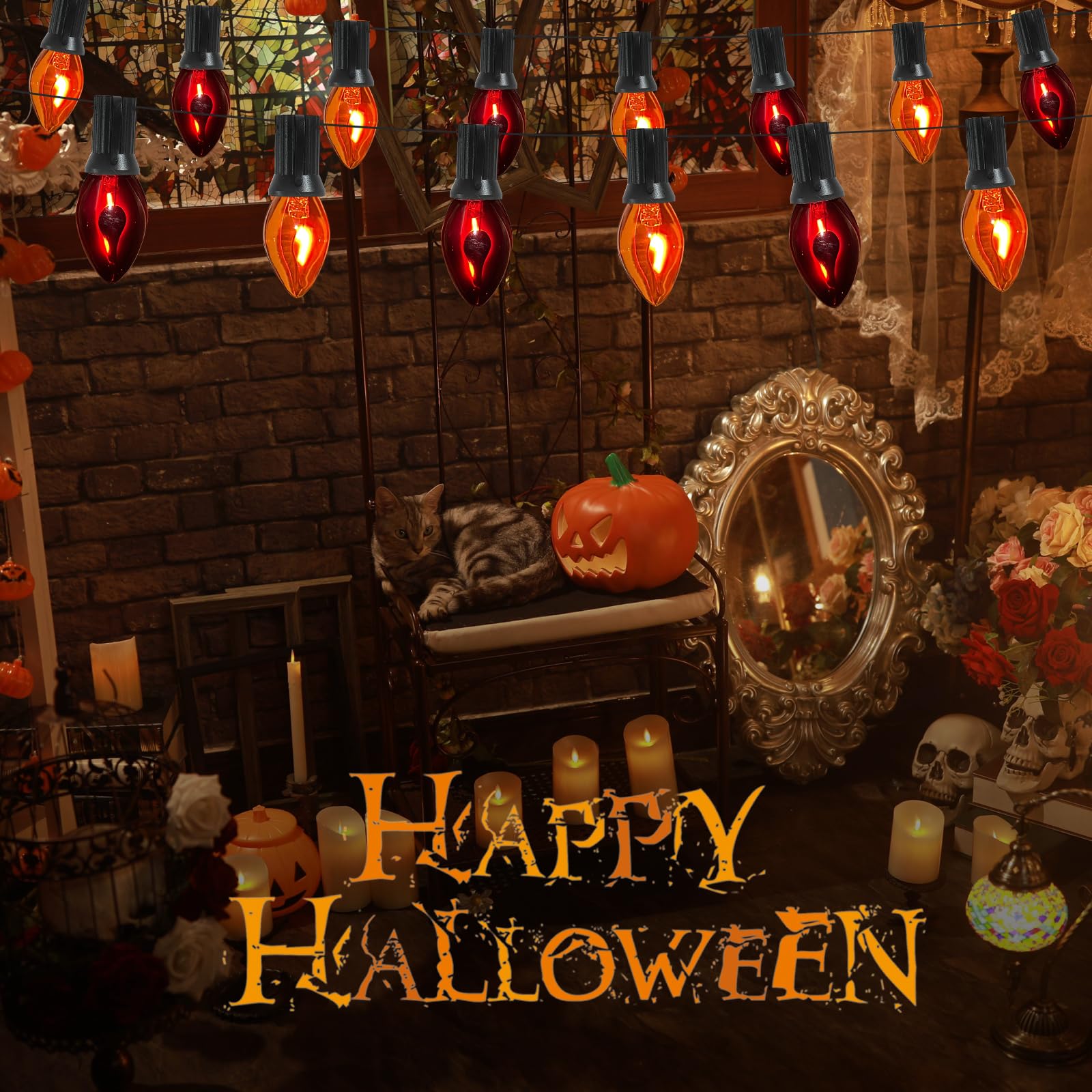 Sunsgne C7 Purple And Orange Halloween String Lights, 25Ft Outdoor String Lights With 27 Flickering Flame Light Bulbs(2 Spare),