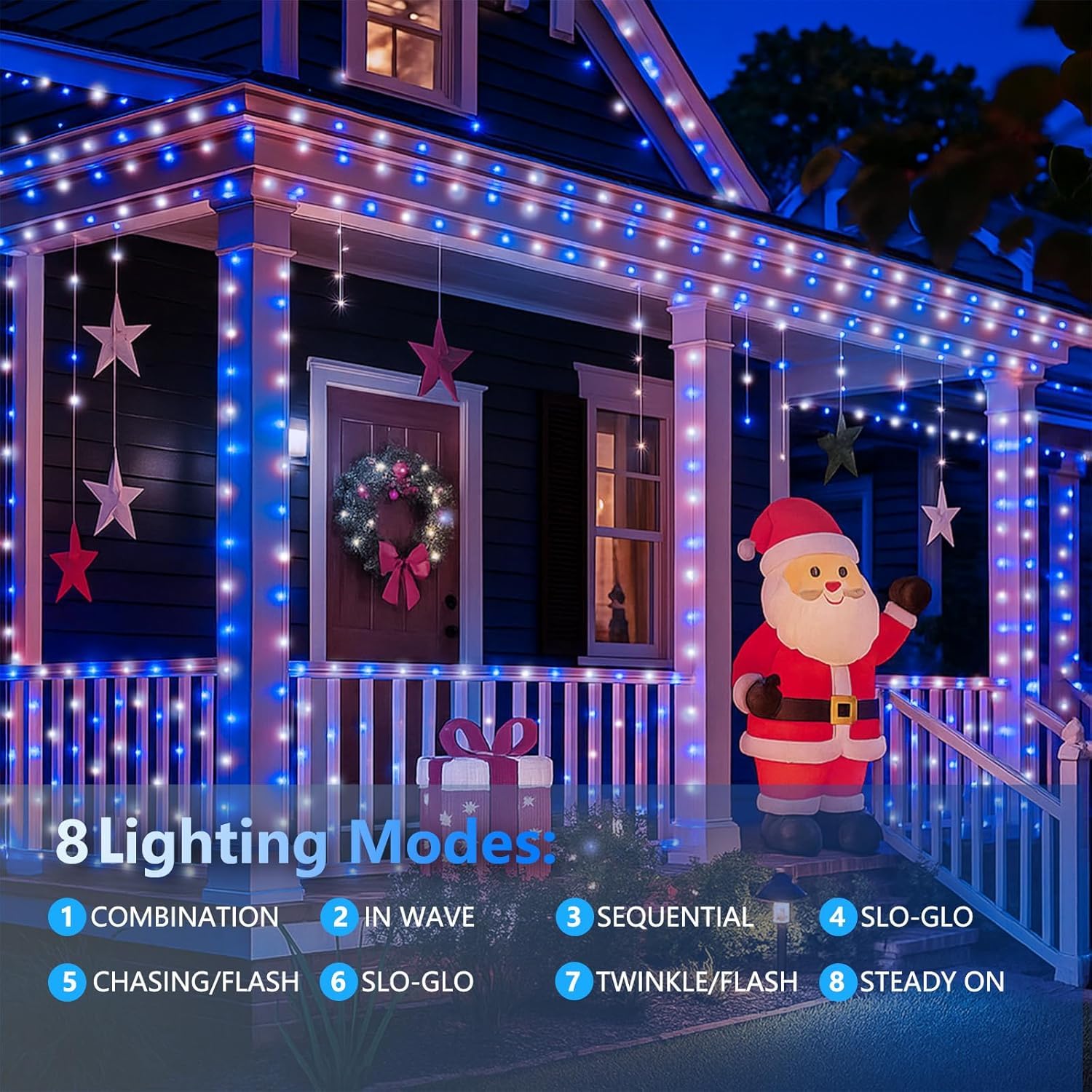 4 Pack 180Ft Solar Christmas Lights Outdoor Waterproof  Super Bright 320 Led Solar String Lights With 8 Lighting Modes  Green Wire Twinkle Tree Light For Outside Xmas Party Decorations(Blue And White)