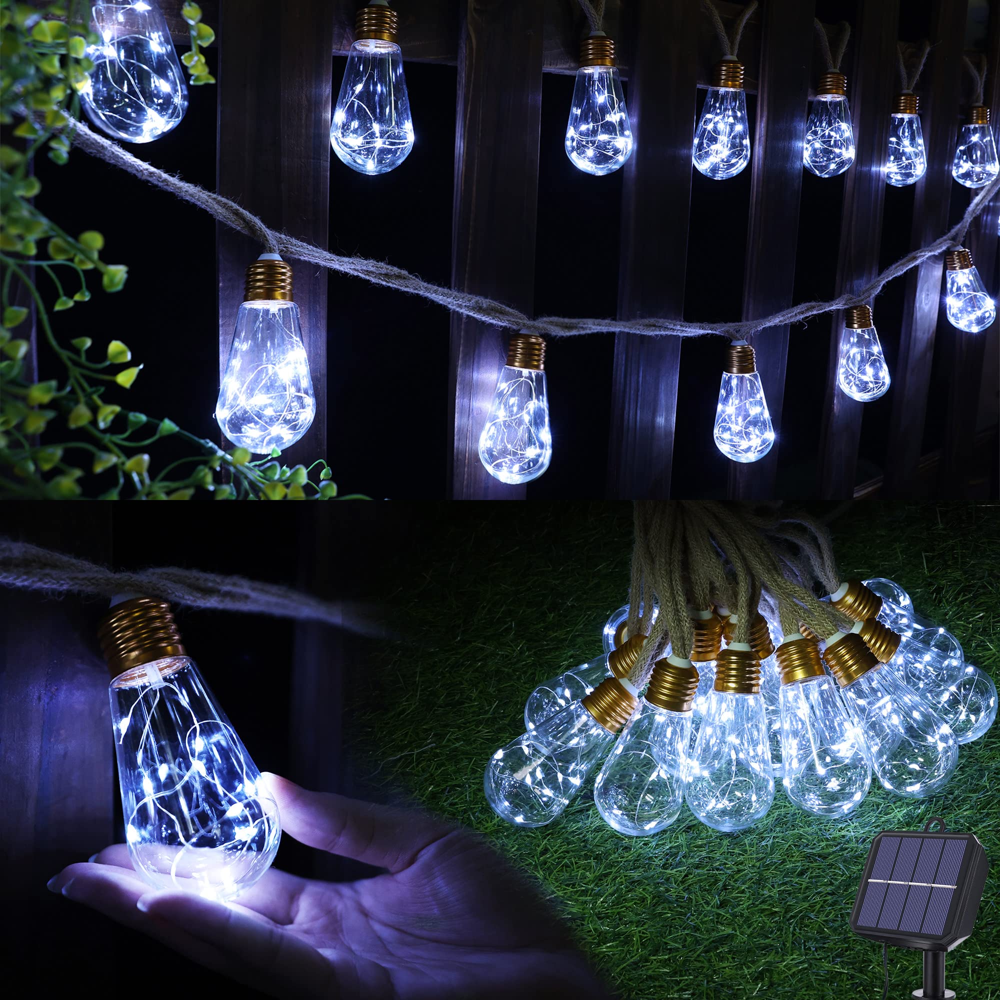 Solar Outdoor String Lights, 20Ft Vintage Rope Hemp Solar Patio Lights, Waterproof White Solar Powered String Lights With 8 Mode