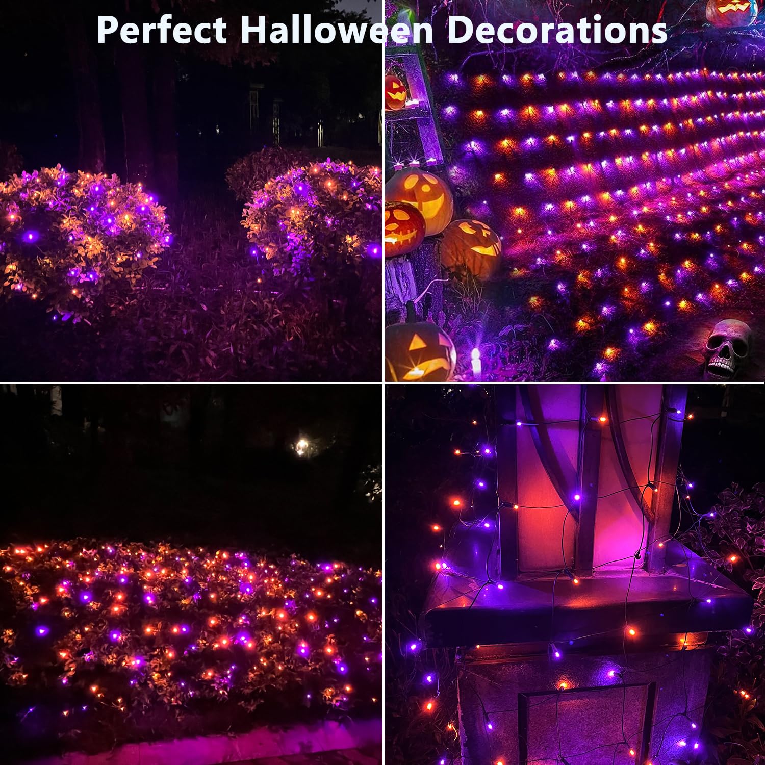 Halloween Lights Outdoor,100Led 5Ftx5Ft Halloween Net Lights With Connectable, Waterproof ,Ul Certified And Durable Green Wire Design For Bushes,Trees,Halloween Decorations Outdoor(Purple&Orange)