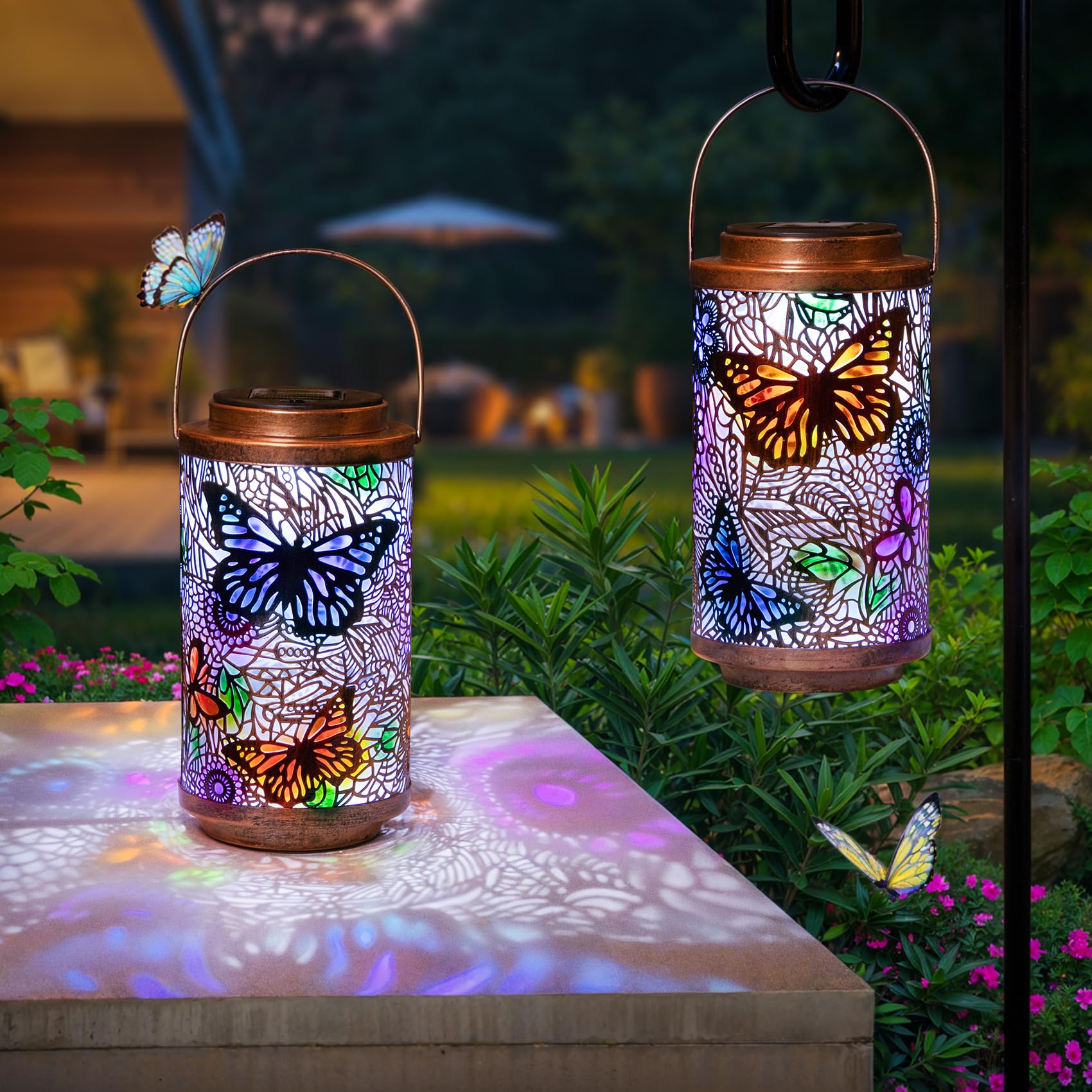 2Pack Outdoor Solar Lanterns Waterproof Butterfly Garden Gifts for Women, Multicolor Solar Outside Lights Metal Patio Lantern fo