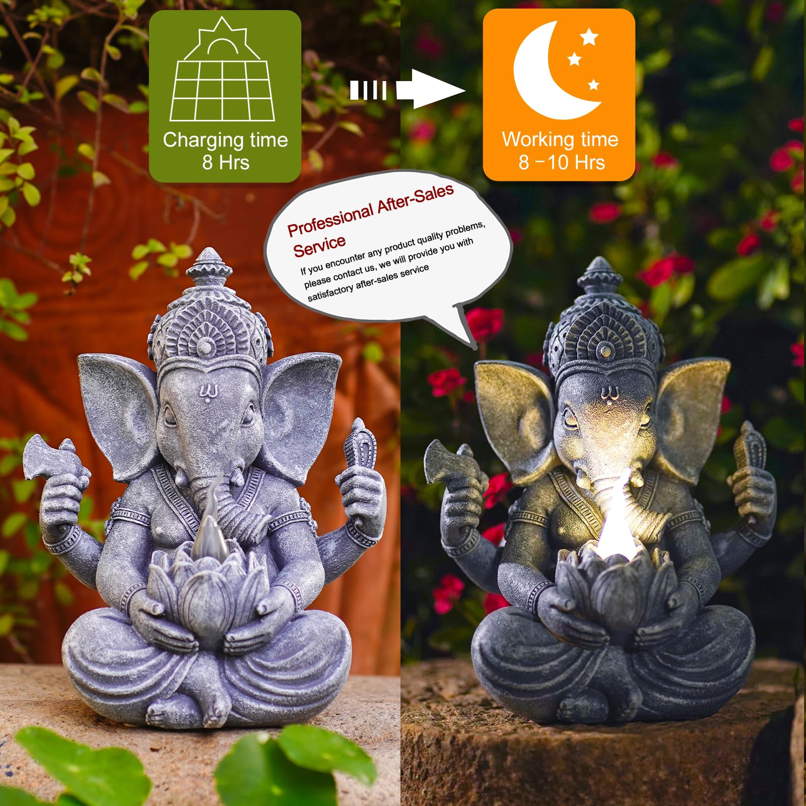 Philodwell Solar Ganesha Elephant Garden Statues: Outdoor Sculptures With Lotus Lights Decor For Patio Lawn Yard Art - Gifts For
