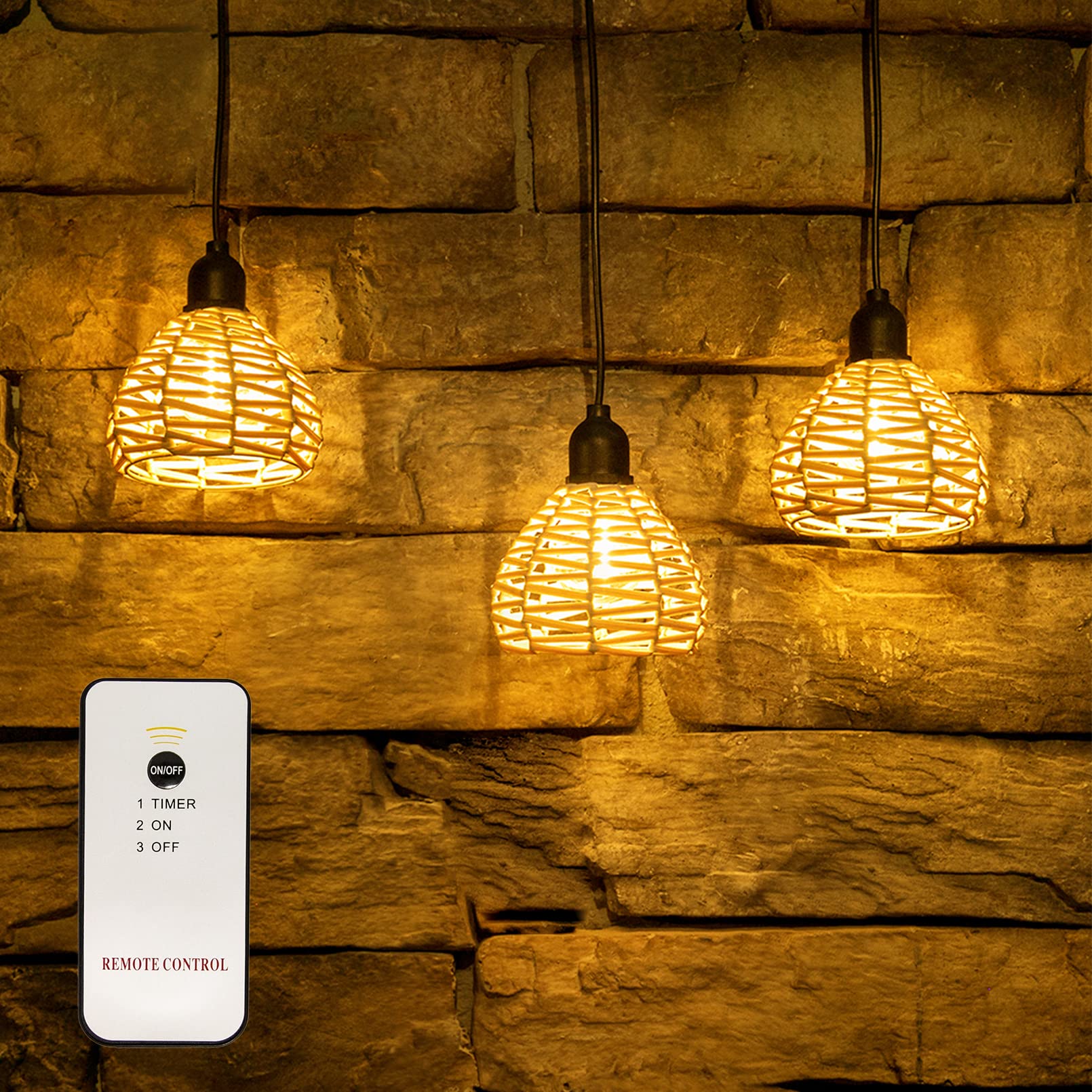ALL FORTUNE 3 Pack Outdoor Battery Operated Chandelier, Small Hanging Rattan Pendant Lights with Dimmable Timer, Warm White Wate