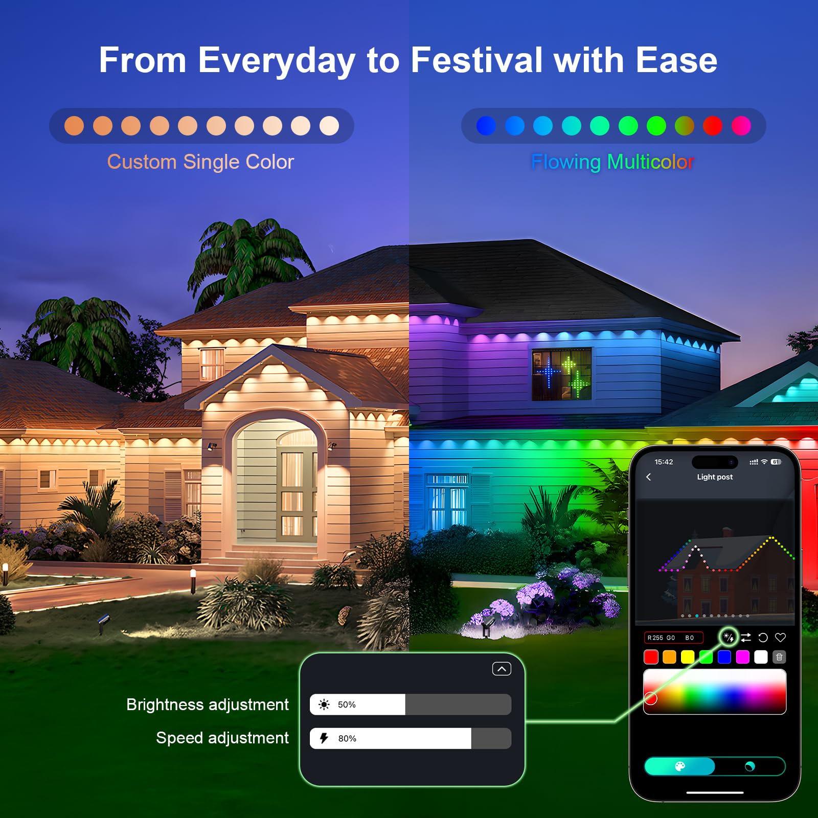 Super RGB Smart RGB-IC Eave Lights, 33FT, 20 LED, IP67 Waterproof, Remote APP Control, White & Colorful Outdoor Decor