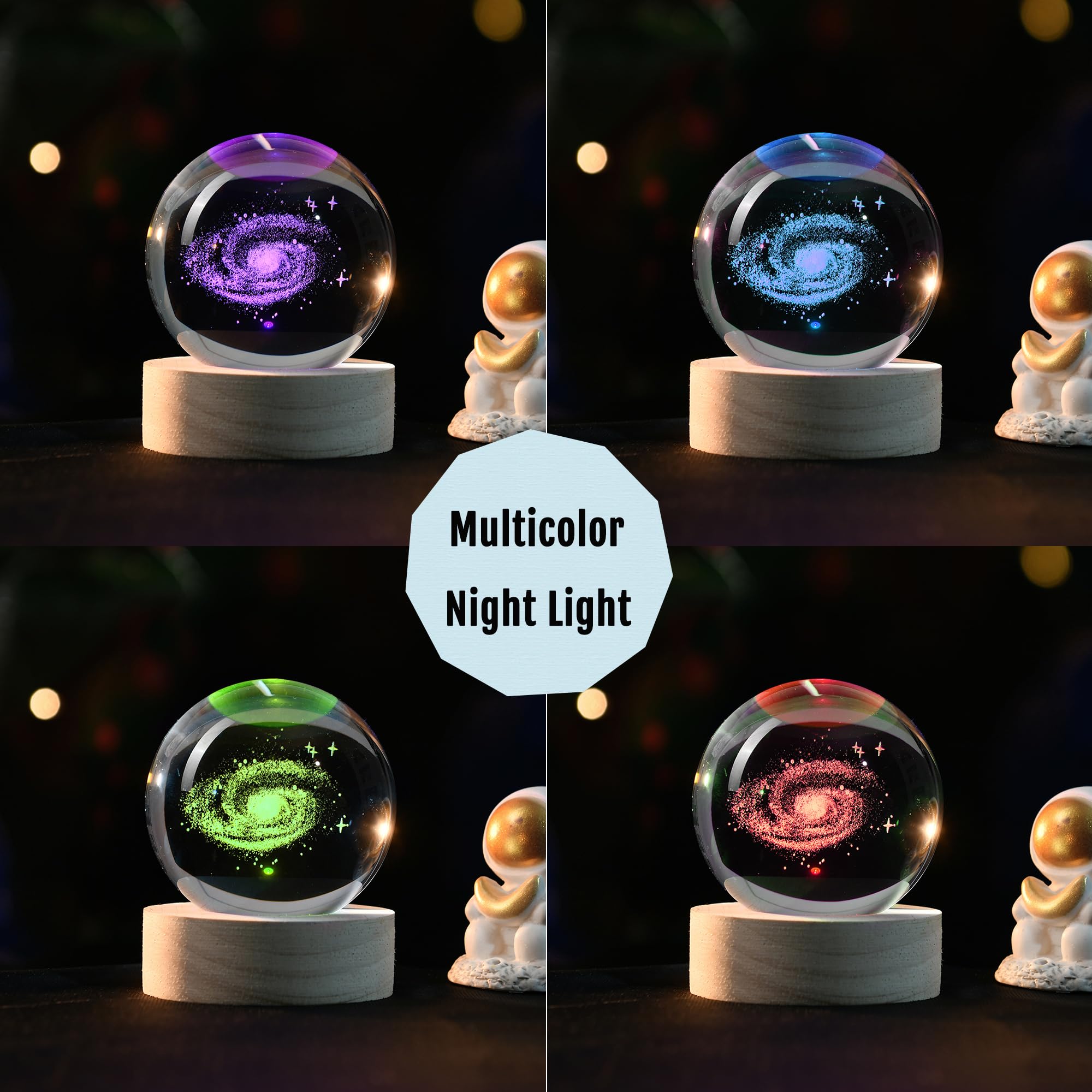 IFOLAINA 3D Galaxy Crystal Ball 2.36" Laser Engraved Glass Sphere with Colorful Base - Decorative Model for Astronomy Lovers