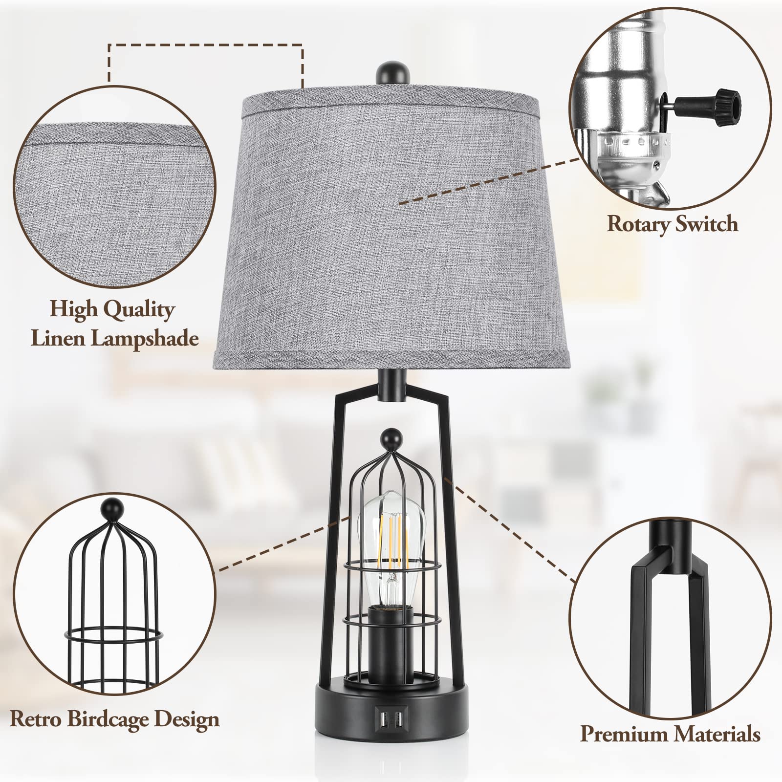Brightever Farmhouse Table Lamps Set of 2, Metal, Gray, 2 USB Ports, JT2026, Rustic Industrial Design for Living Room and Bedroom