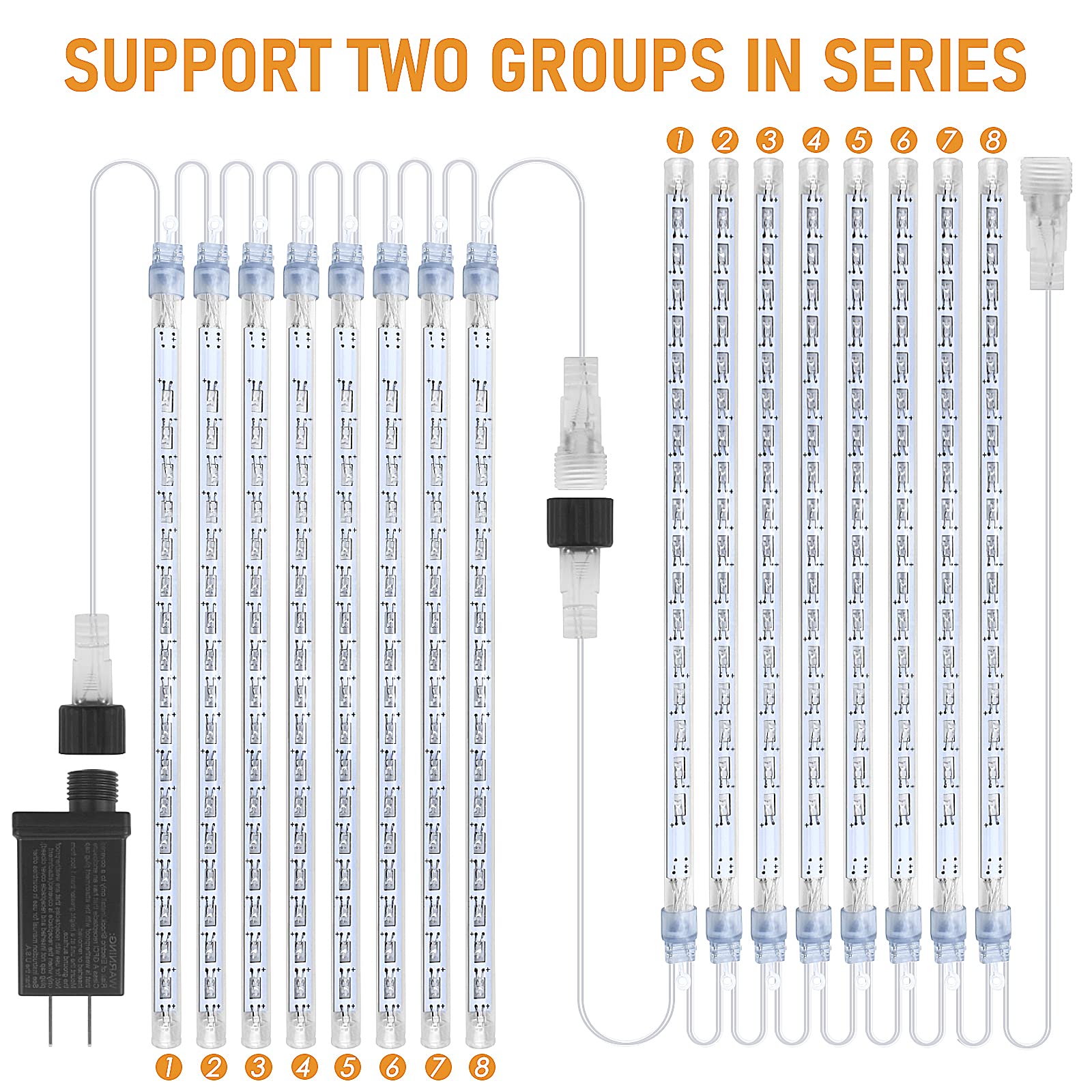 FYYZY Icicle Lights - 8 Tubes, 288 LEDs, Blue, Meteor Shower Design, Plastic, Christmas Decoration, Model LXD
