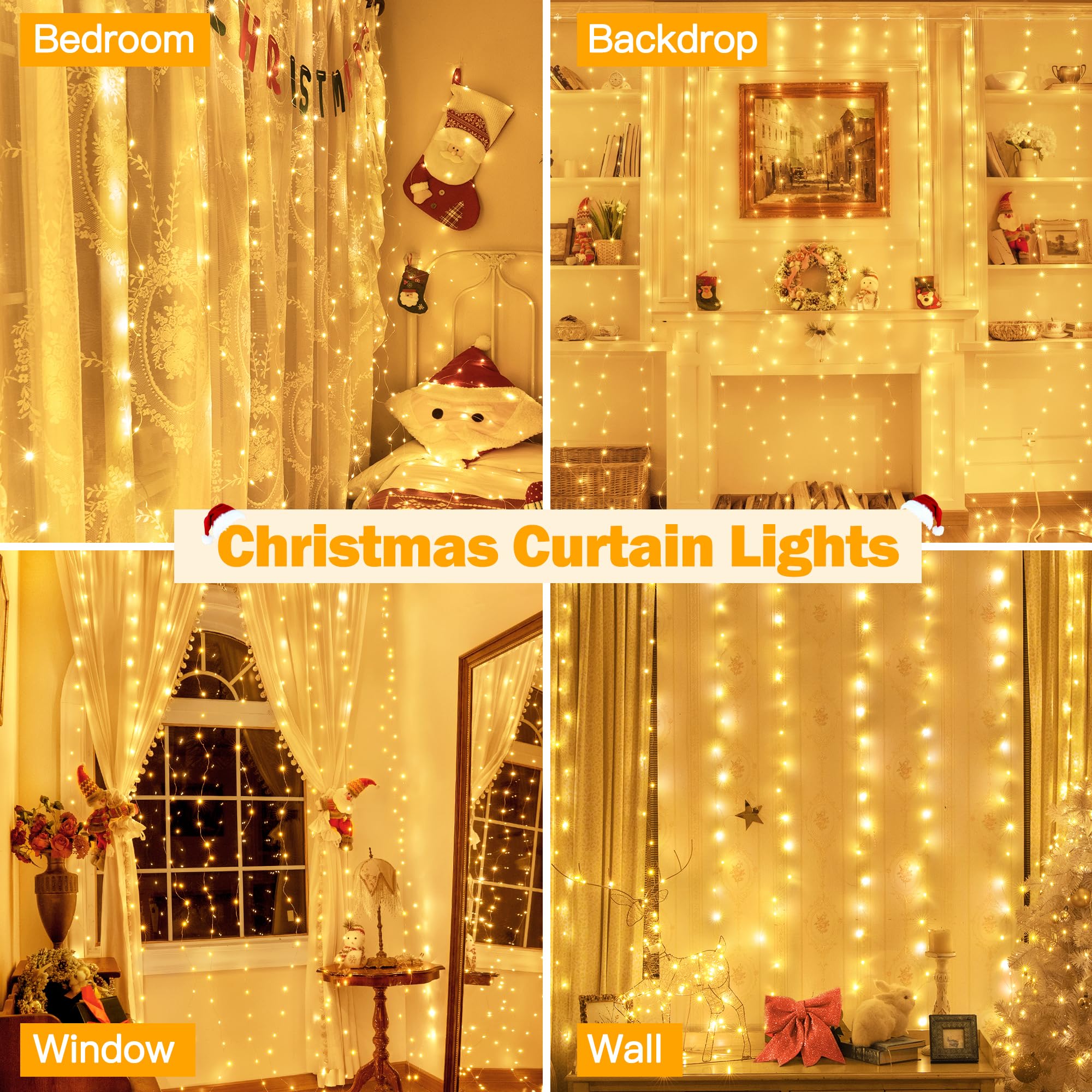 Ollny Fairy Lights Curtain 200 LED, 6.6x6.6ft, Warm White, USB Powered, Waterproof, Model W0520M200L, Indoor/Outdoor Decorations