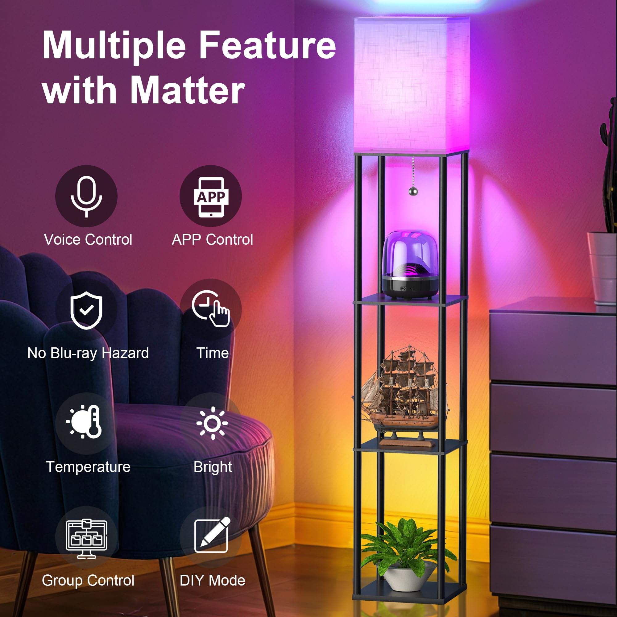 Floor Lamp With Shelves For Living Room With Matter Smart Led Light Bulb Works With Google Home/Alexa/Apple Home/Smartthings/Sir