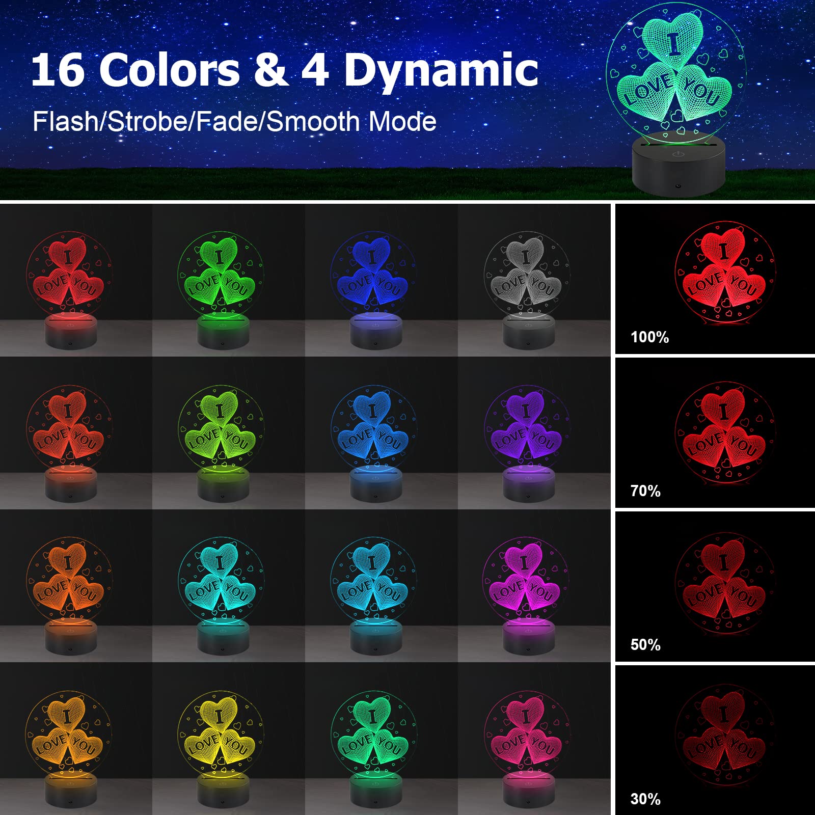 AZIMOM 3D I Love You Illusion Lamp, 16 Colors, Smart Touch, Remote Control, Bedside Night Light, Multicolor, Home Decoration