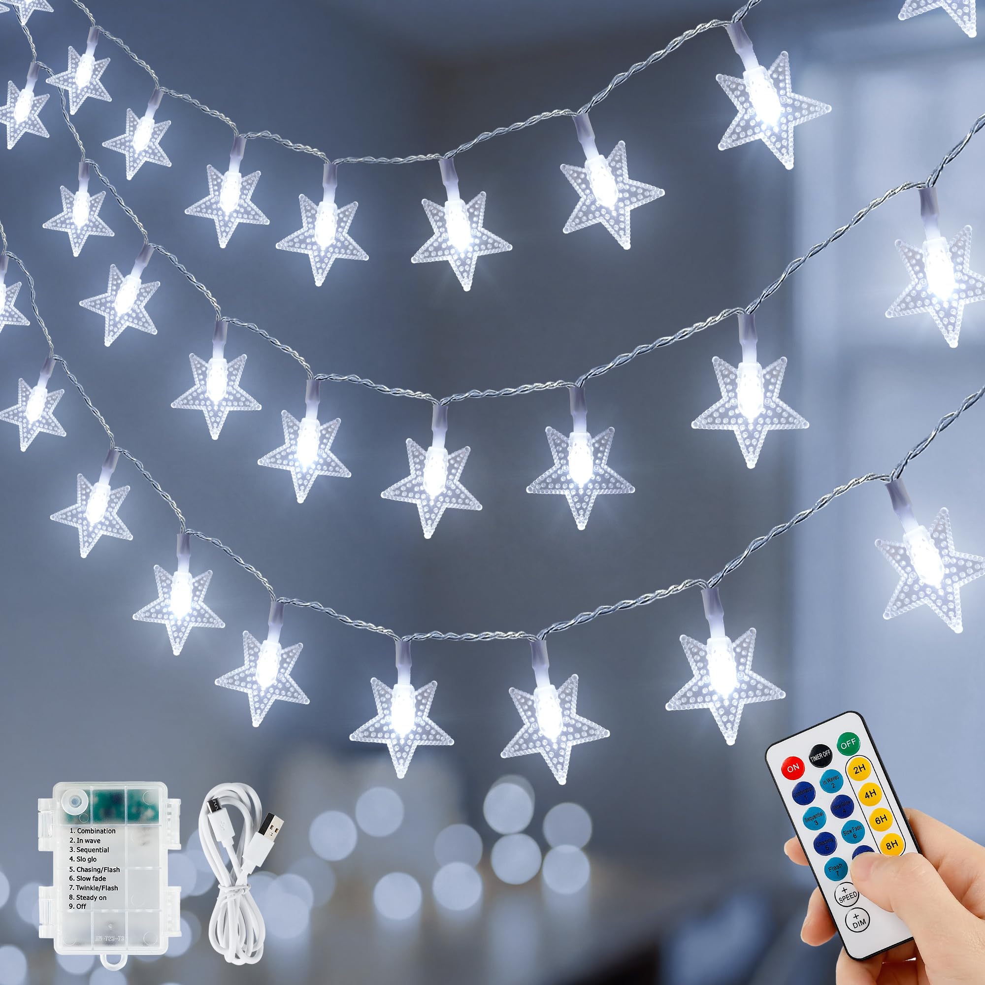 HEYFUNi Star String Lights USB & Battery Operated, 16ft 50 LED Fairy Lights with Remote, 8 Modes 4 Brightness & Speed, Waterproo