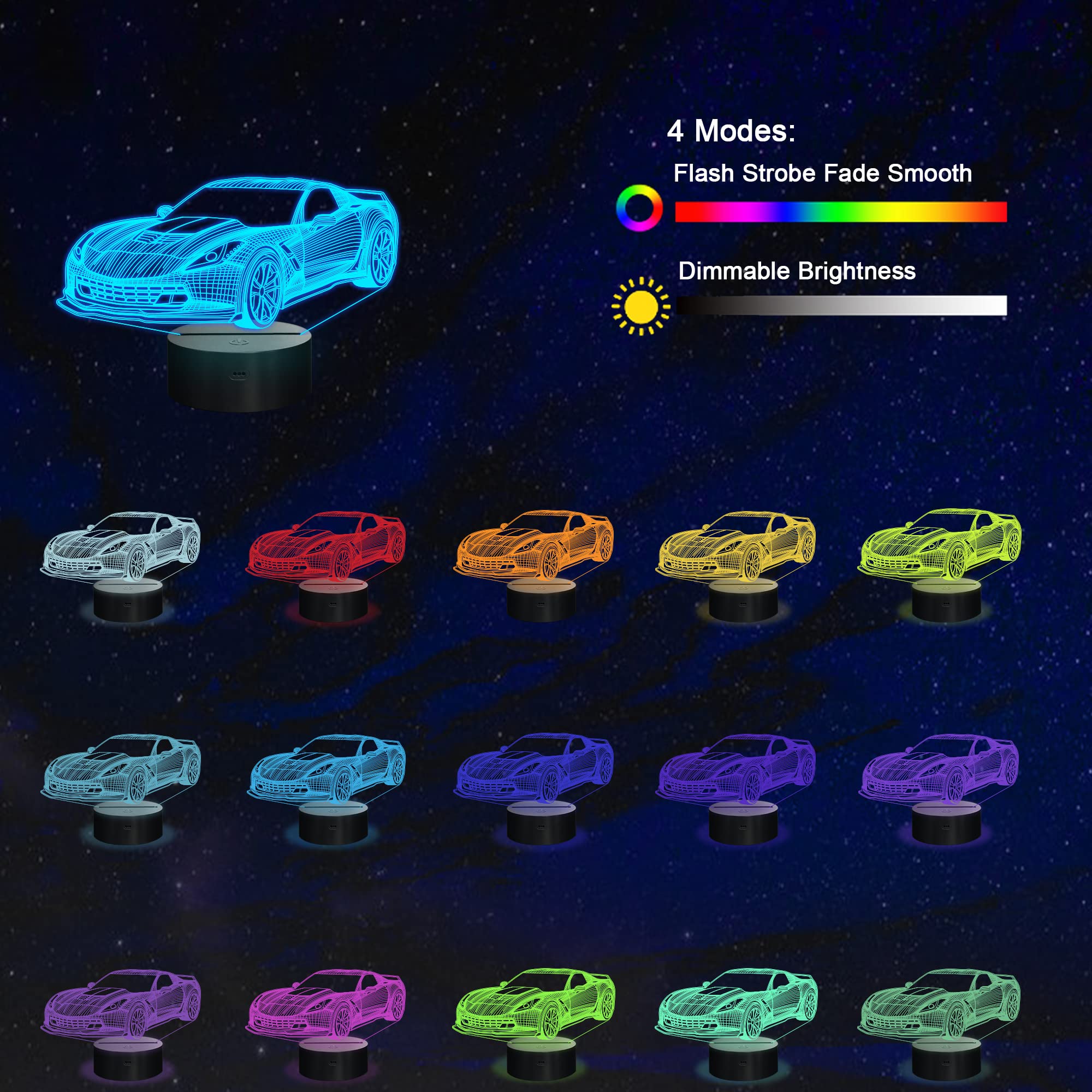 YuanDian Car Night Light, 3D LED Illusion Lamp, Touch Control & Remote, USB & Battery Powered, Multicolor, Model FS-2810-9999