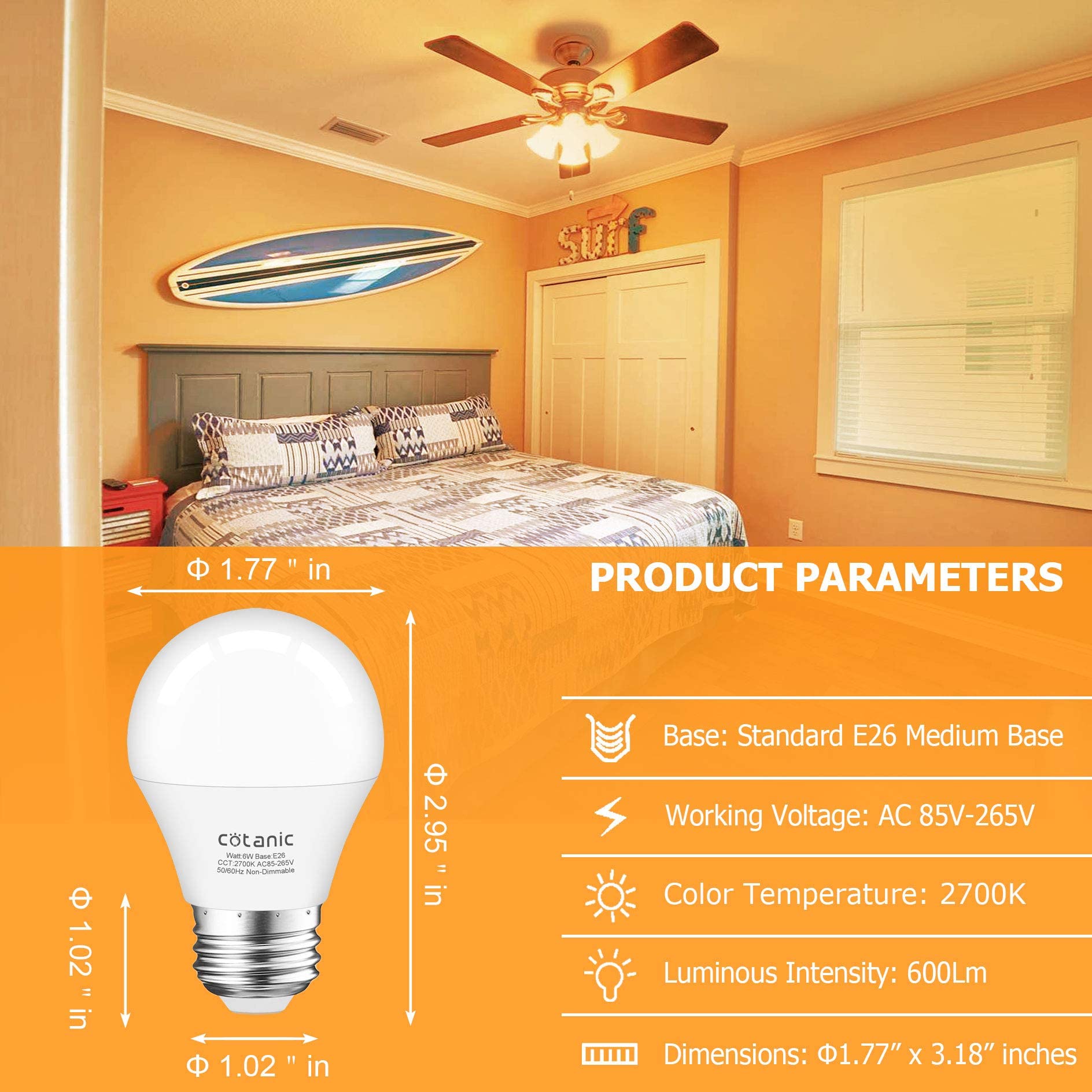 Cotanic 8 Pack Led Ceiling Fan Light Bulbs 2700K Warm White, A15 Small Bulb E26 Medium Screw Base, 6W Chandelier Light Bulb 60W