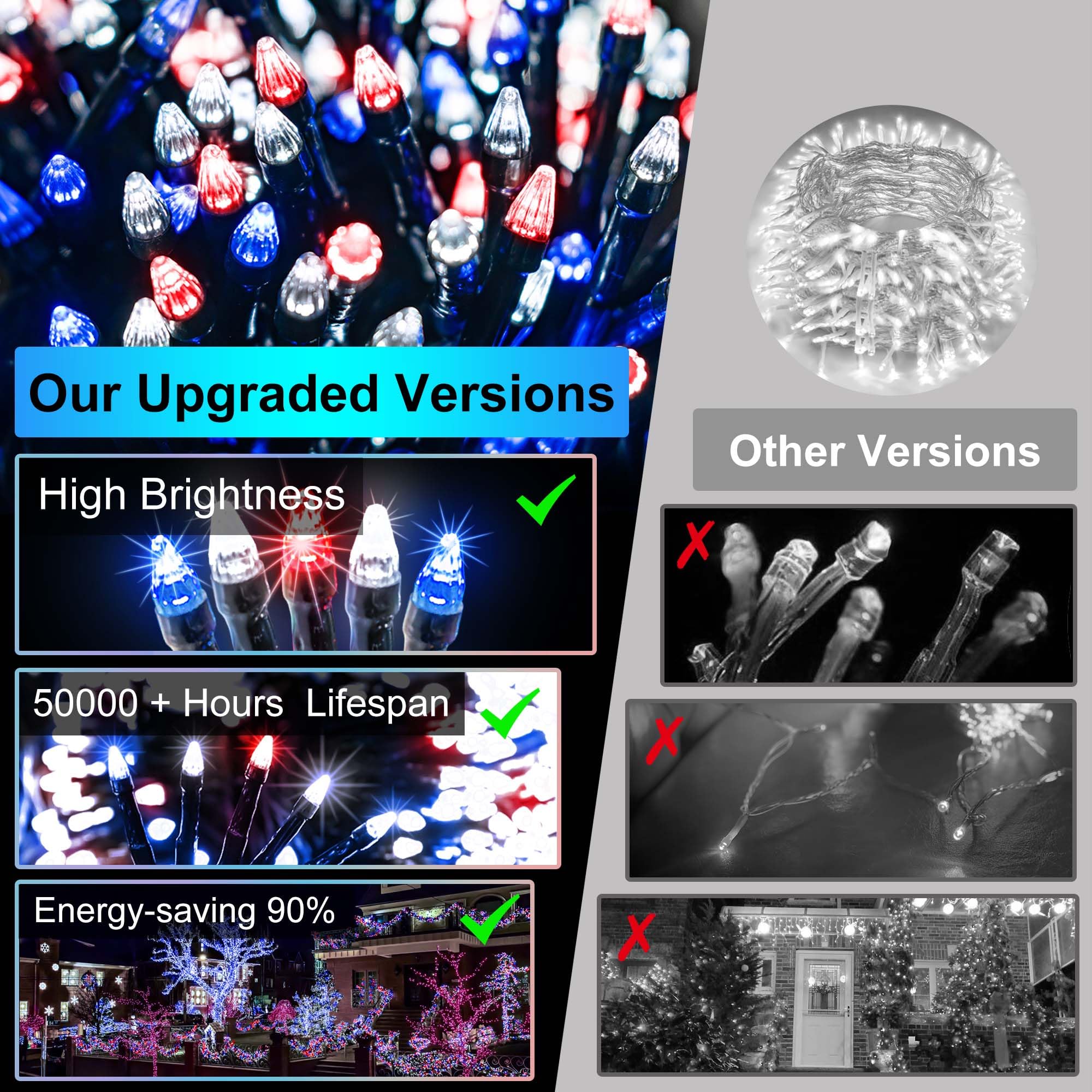 1500 Led 470Ft Christmas Lights Outdoor 12 Lighting Modes Christmas String Lights With Timer  Dimmable Plug In Red White And Blue Led Stringlights Waterproof For Yard Tree Wedding Party Holiday