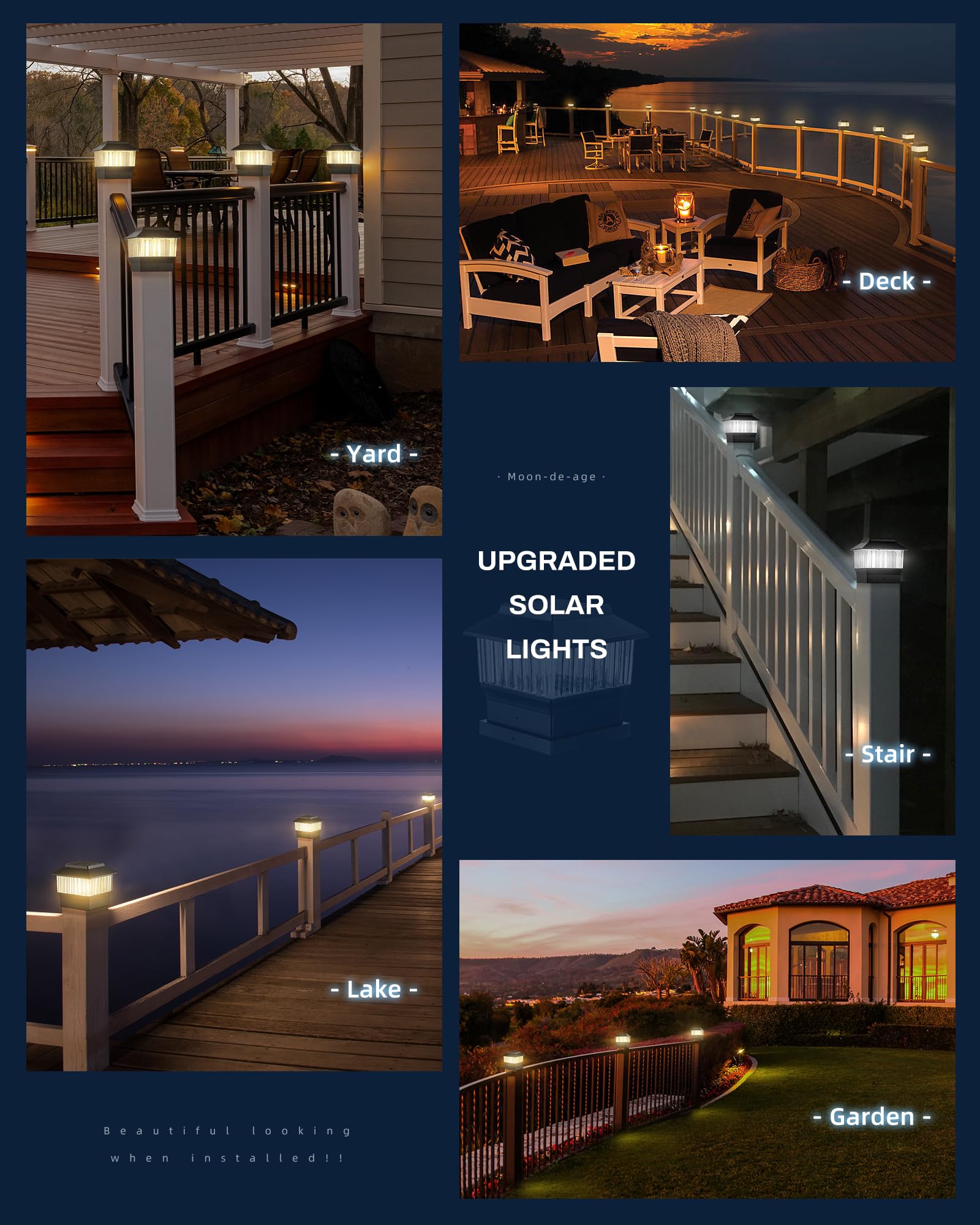 MOON-DE-AGE RGBW Color-Changing Solar Post Cap Lights, 2 Pack, Waterproof, Fits 4x4 & 4x6 Posts, 50 Lumen, Model SL060