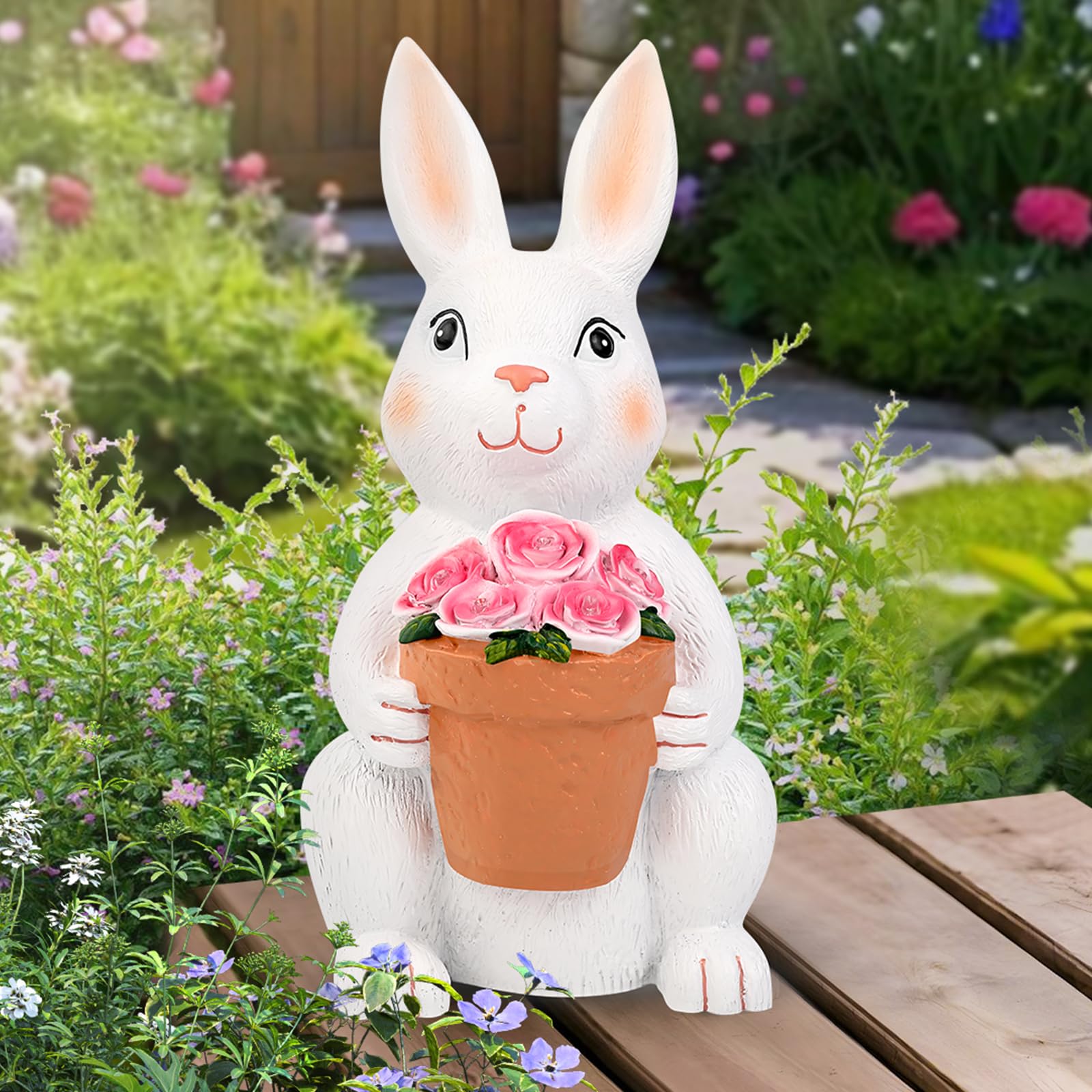 Brightever Solar Powered Outdoor Garden Statues- Rabbit with Flowers and 5 Colorful LED Lights, 11.8IN Outdoor Figurine Lights, 