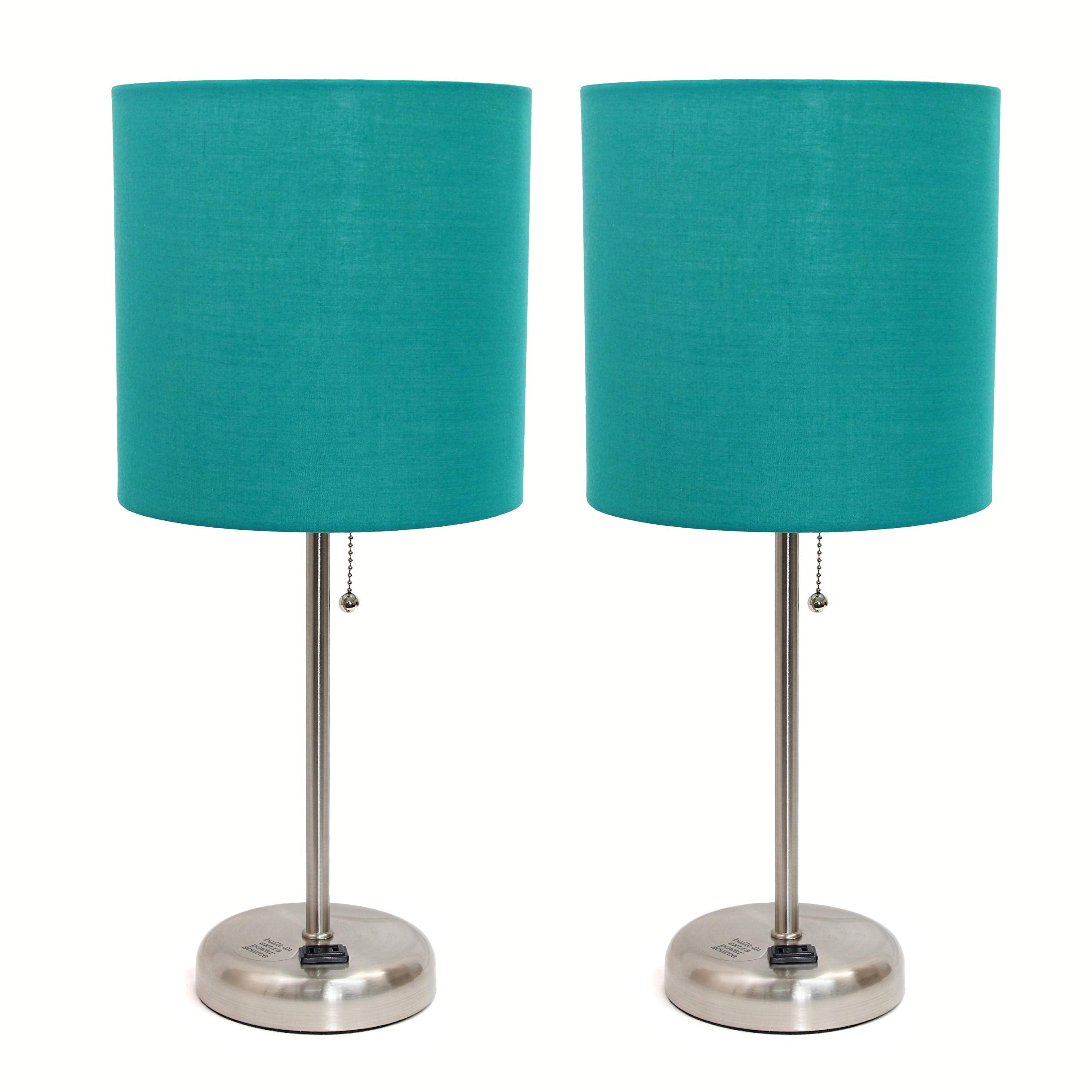 Simple Designs Lc2001-Tel-2Pk Brushed Steel Stick Table Lamp Set With Charging Outlet And Teal Fabric Shades, 2 Pack Set