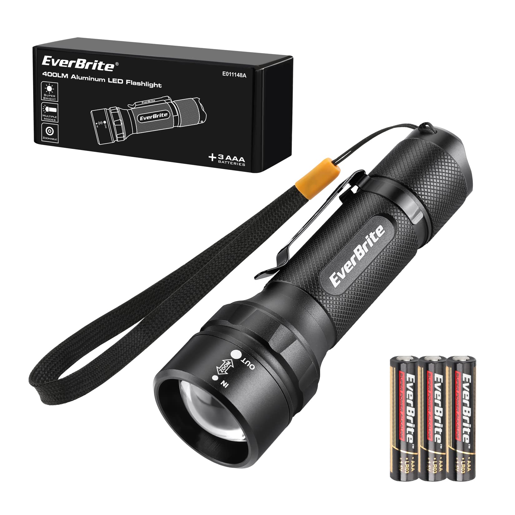 EverBrite 400 Lumens Aluminum LED Flashlight, Zoomable, IPX4 Waterproof, 4 Modes, Black, Batteries Included