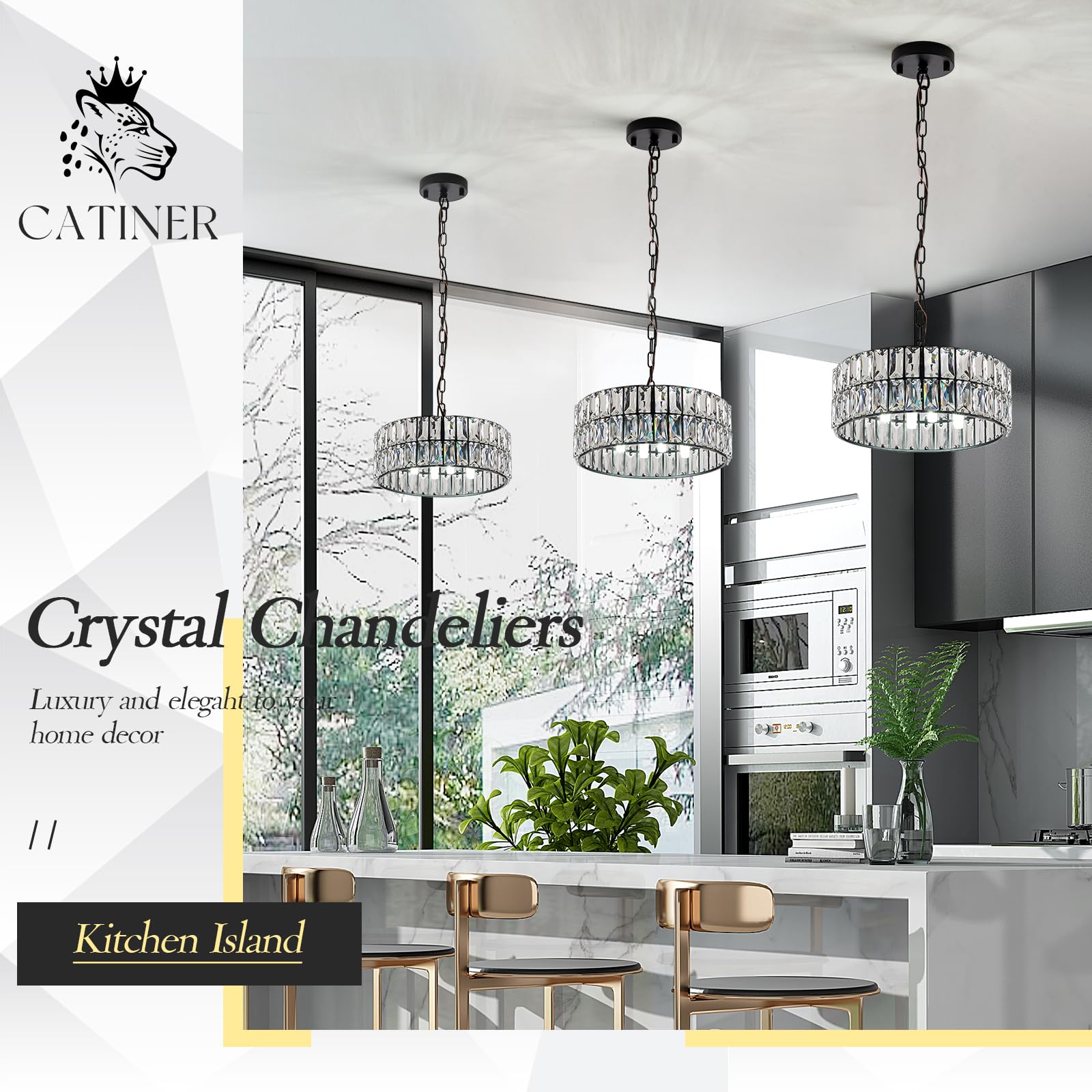 CATINER 4-Light Crystal Pendant Chandelier, 12” Black Semi Flush Mount Ceiling Light for Kitchen Island, Foyer, Hallway, Model C80-4B1