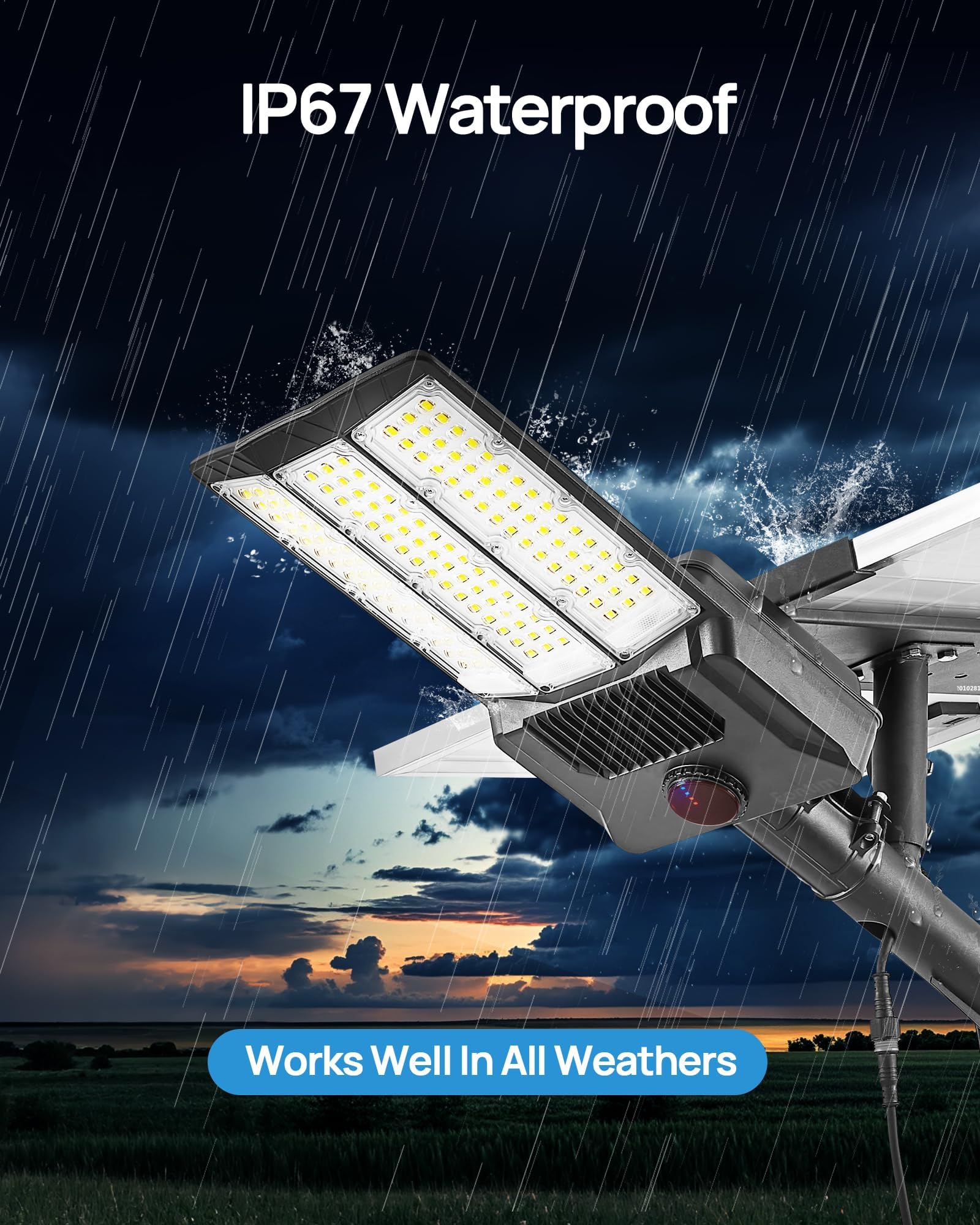 Eontim Commercial Solar Street Lights Outdoor, 144 LED with Lens, 65,000 Lumens Solar Flood Light with Battery Indicator, 50,000