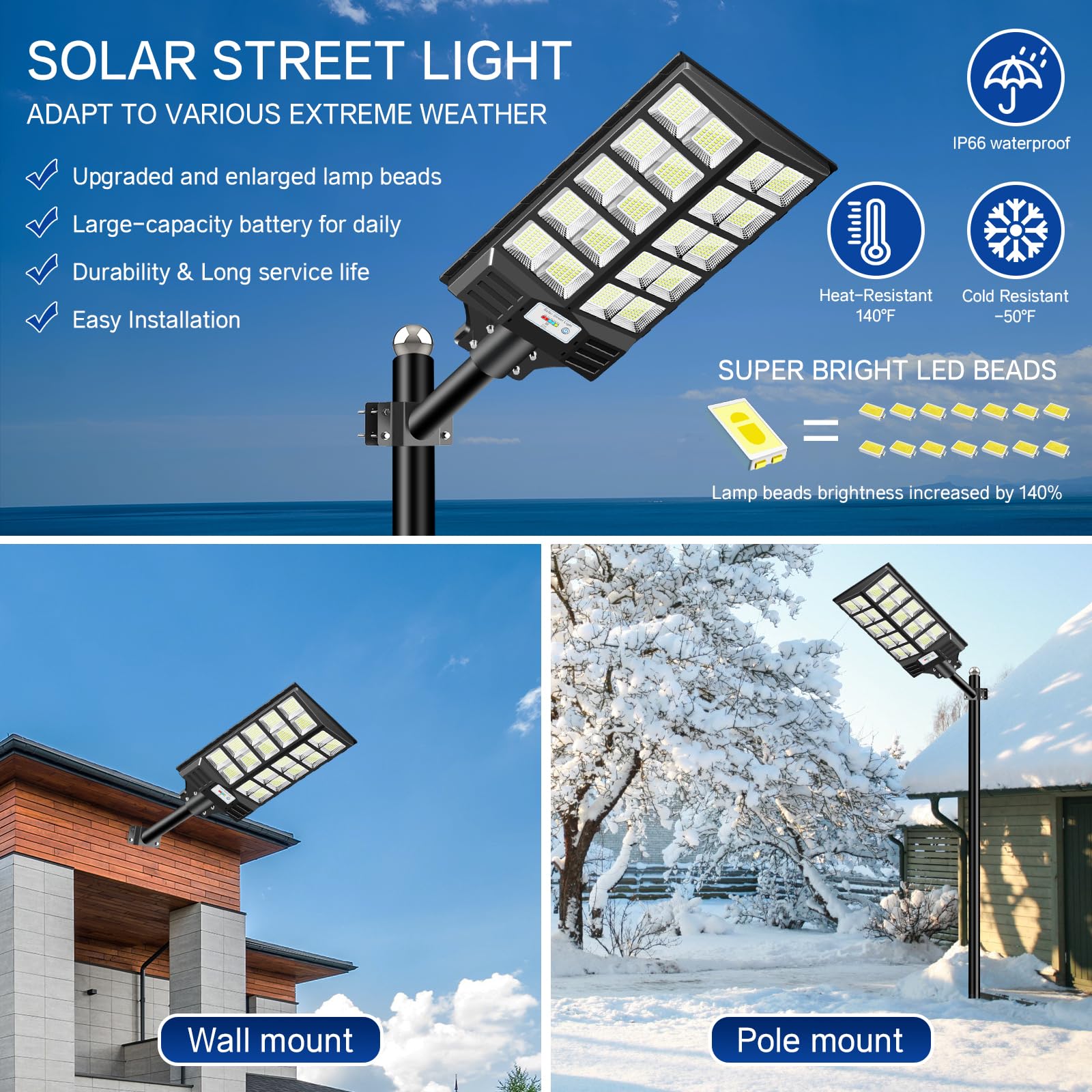 JOYEYE Solar Street Light 5200W, High Lumens 6500K, Aluminum, Black, Model 33BM04, Motion Sensor Dusk to Dawn with Remote Control