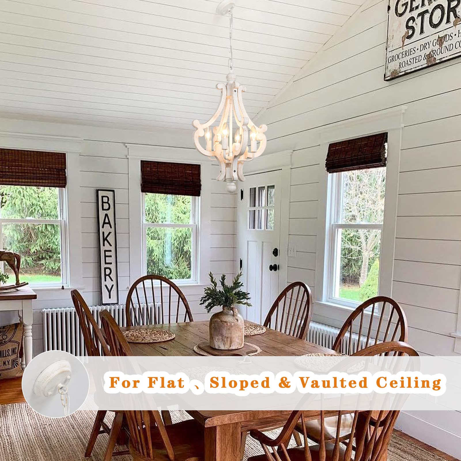 Wooden Farmhouse Chandelier 4 Lights Rustic Antique White Chandelier For Dining Room French Country Chandelier Orb Pendant Light Fixtures Hanging For Kitchen Living Room Foyer Bedroom Entryway Hallway