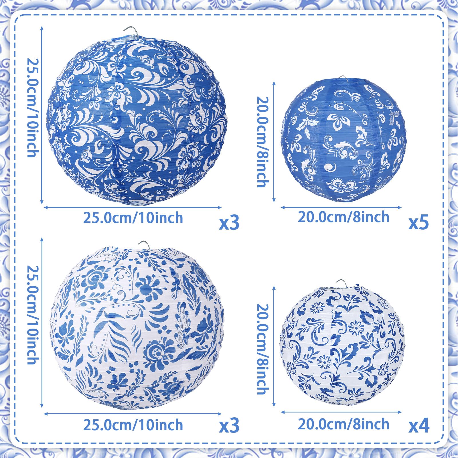 Lonfliness Chinoiserie Paper Lanterns, 15 Pcs, 10"/8", Blue & White, Hanging Decor for Birthday, Wedding, Baby Shower