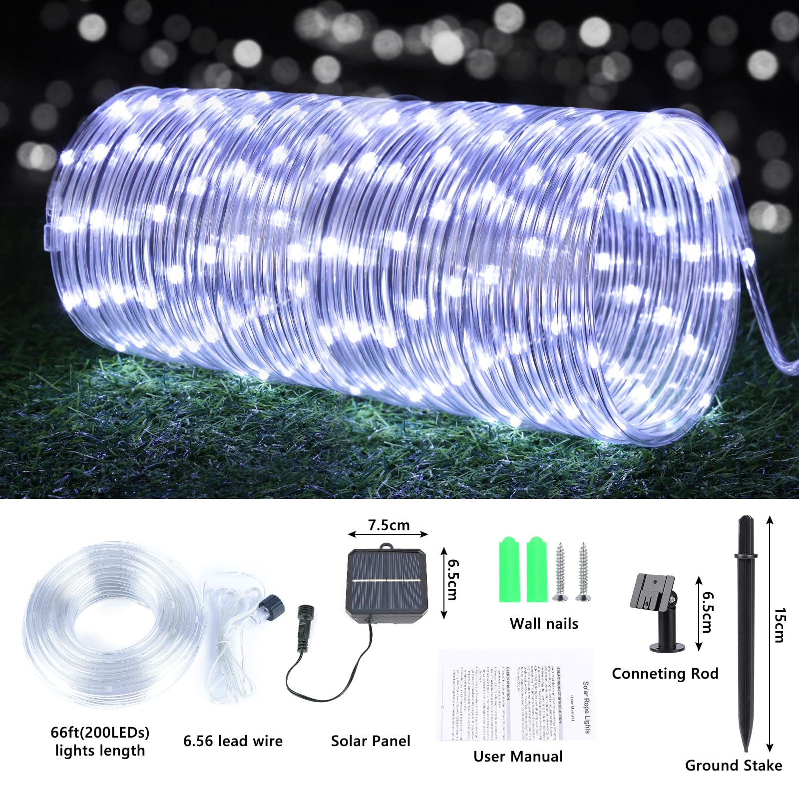 Jnaurb Solar Rope Lights, 66ft 200LED, Waterproof, 8 Modes, Outdoor Decorative Light, White