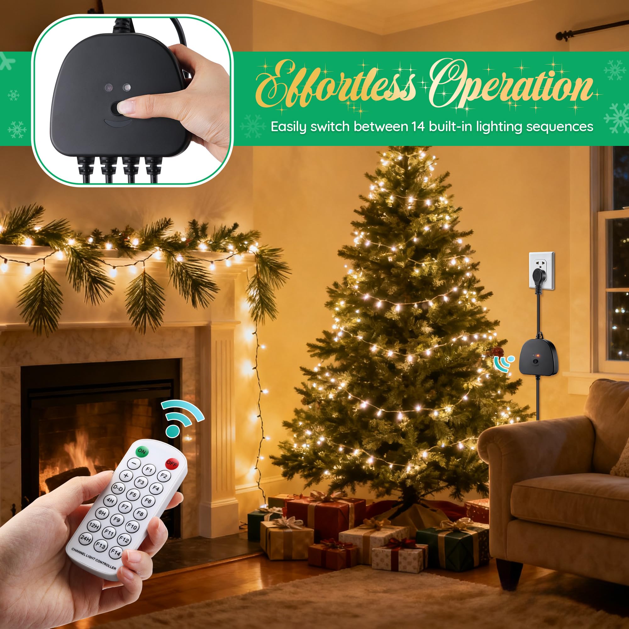 Gulfmew Christmas Light Controller with Remote, 14 Functions, Waterproof, Black, Model TD-Gulfmew-1050