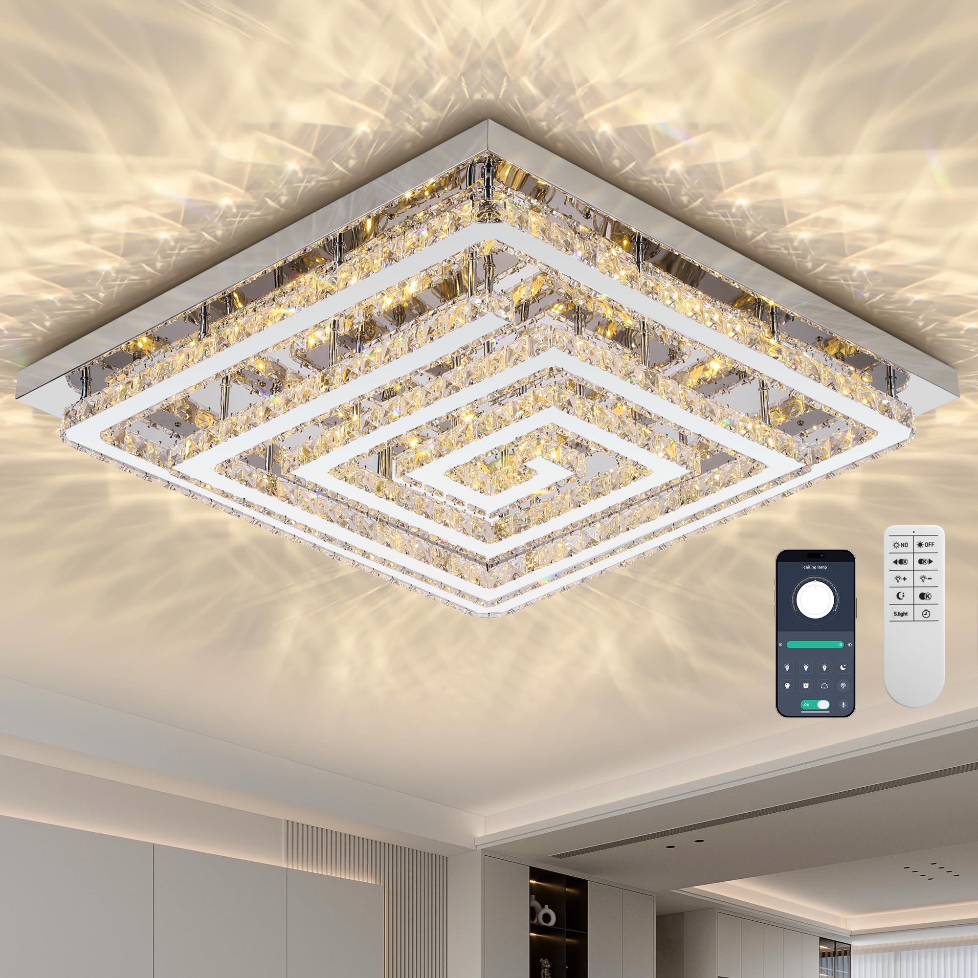 43 inch Crystal Chandelier with Remote/APP Control  3 Color Temperature Light Fixture & Brightness Adjustable  Modern Flush Mount LED Ceiling Light Fixture for Living Room Kitchen Hallway Dining Room