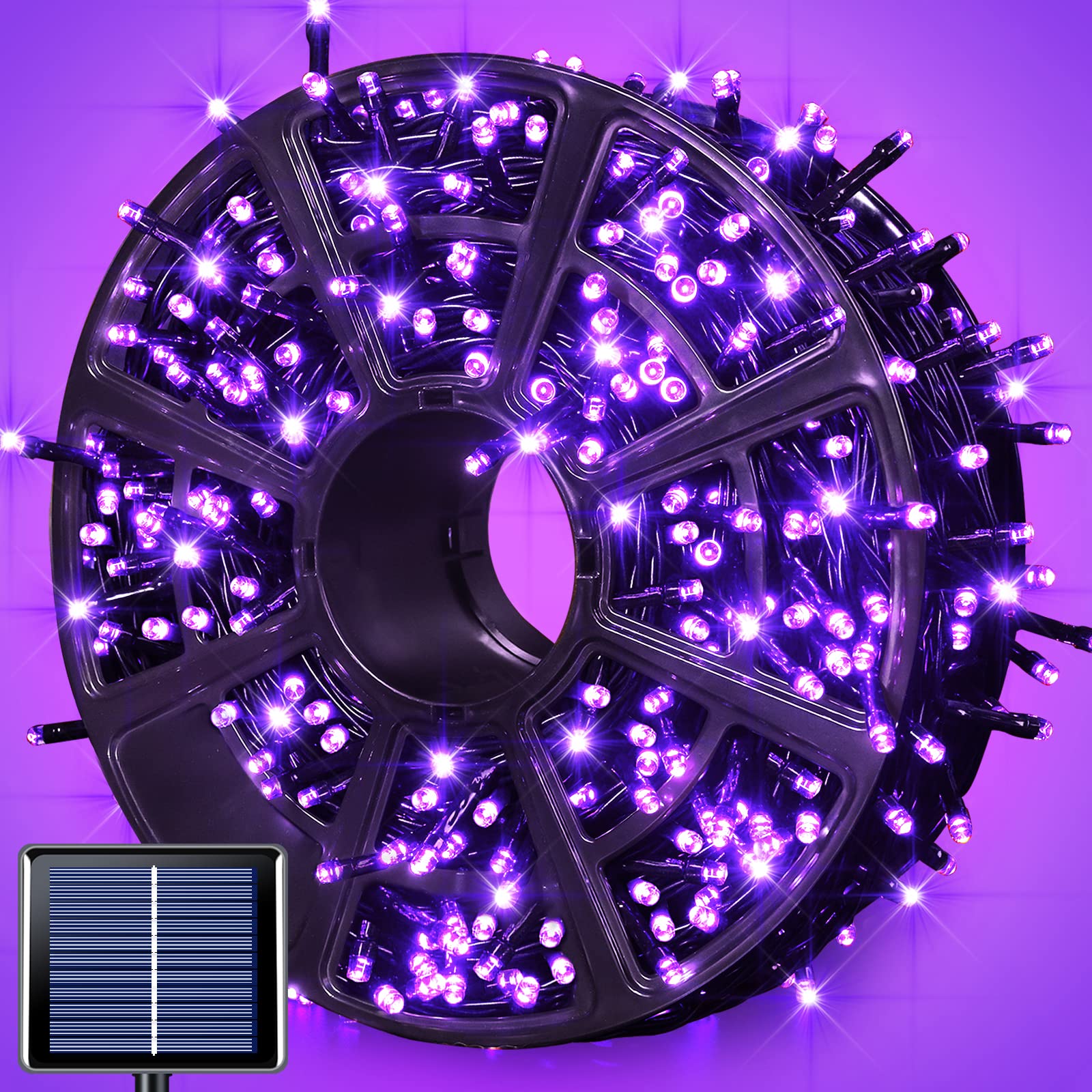 JMEXSUSS Solar String Lights, 600 LED, 206.7ft, Waterproof, 8 Modes, Purple, Outdoor Christmas Decor