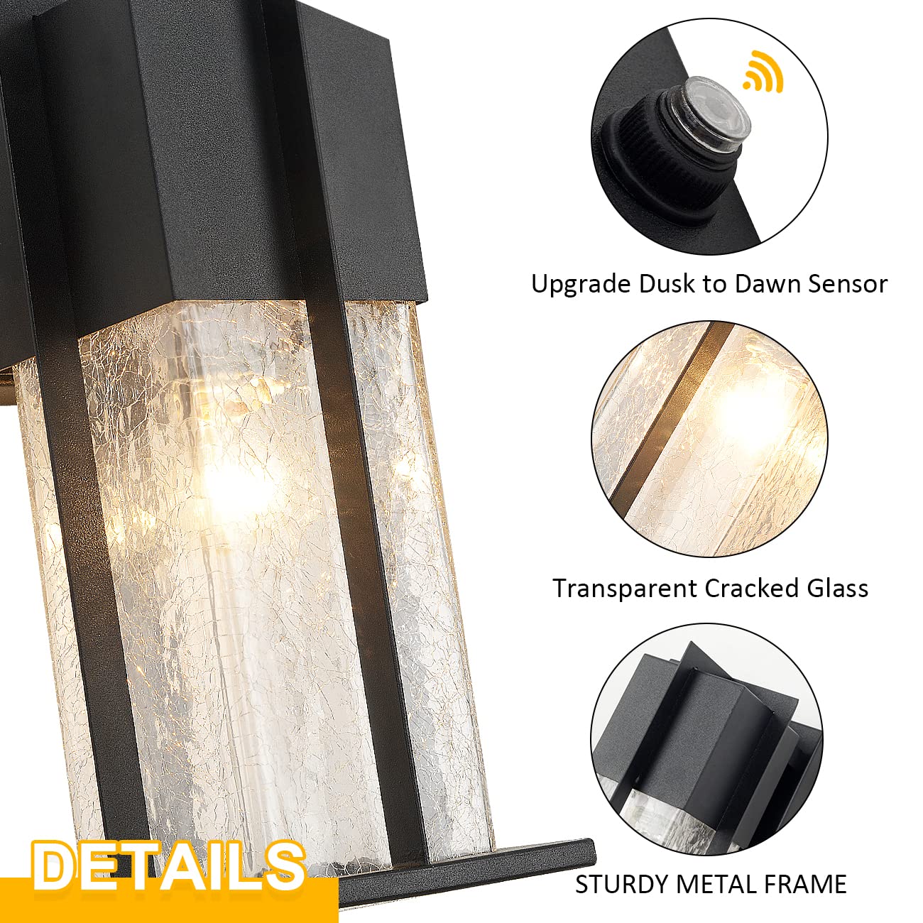 ZEGOLAER Dusk to Dawn Wall Light - Modern Outdoor Fixture with Crackle Glass, Black, Sensor for House, Garage, Front Door Lighting